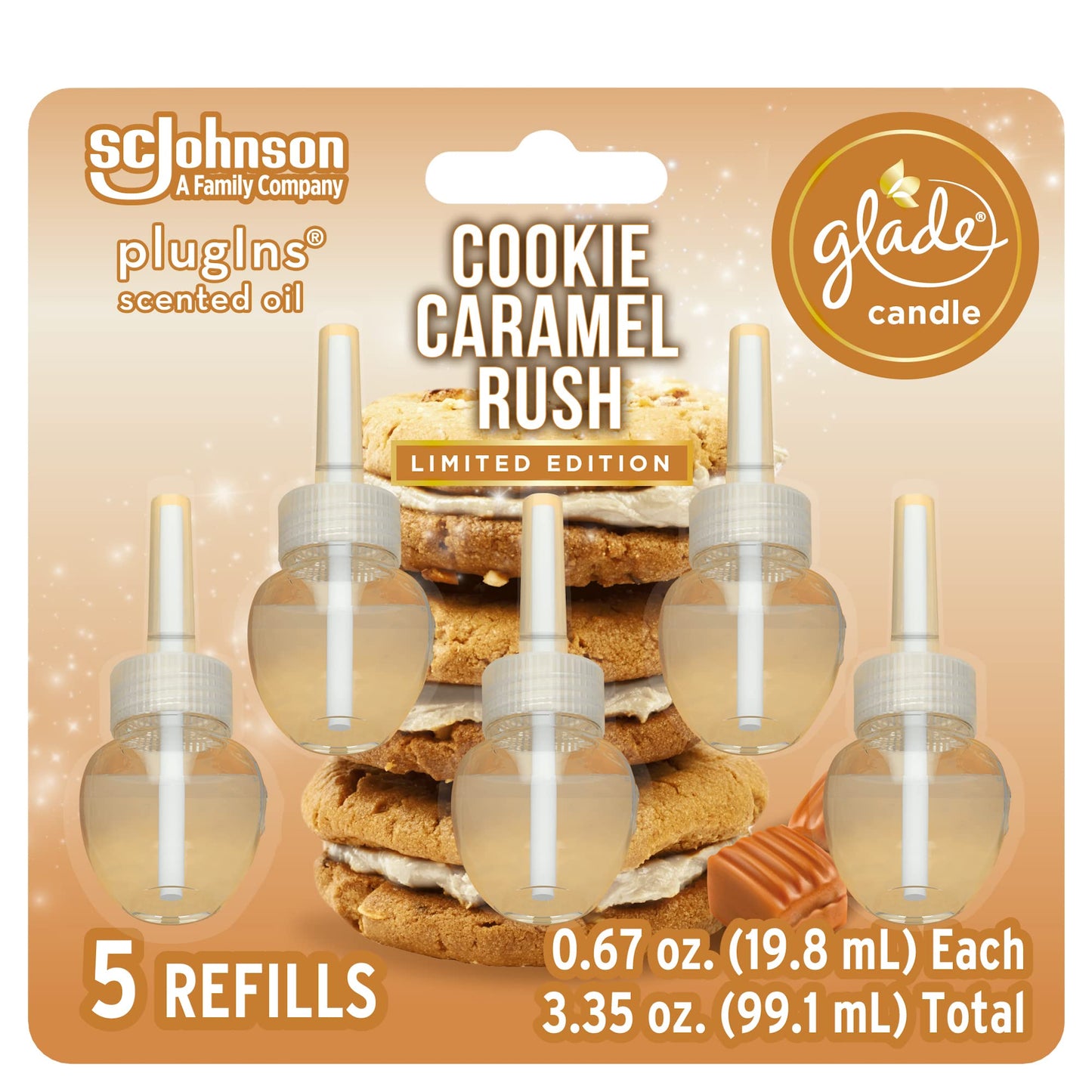 Glade PlugIns Refills Air Freshener, Scented and Essential Oils for Home and Bathroom, Cookie Caramel Rush, 3.35 Fl Oz, 5 Count