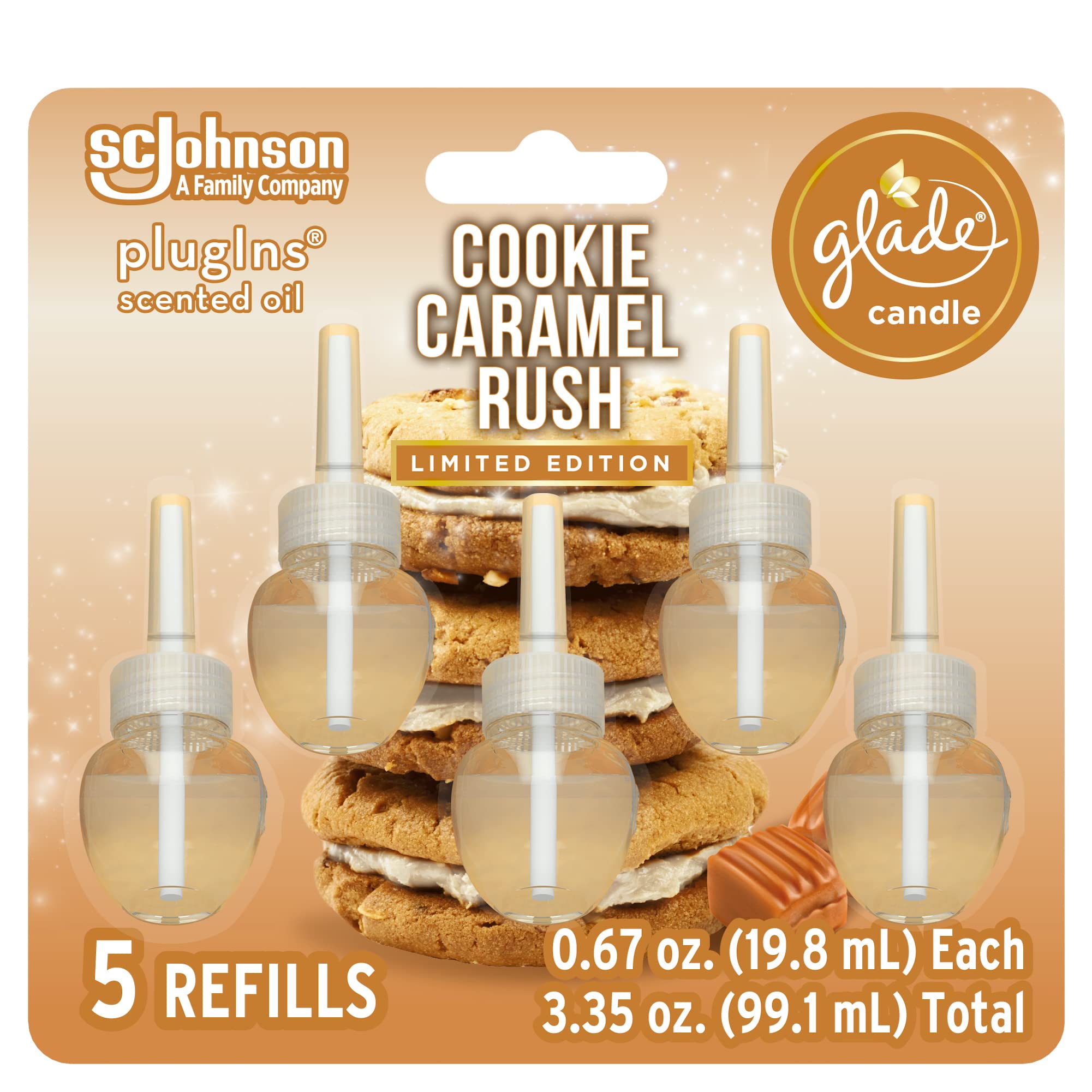 Glade PlugIns Refills Air Freshener, Scented and Essential Oils for Home and Bathroom, Cookie Caramel Rush, 3.35 Fl Oz, 5 Count