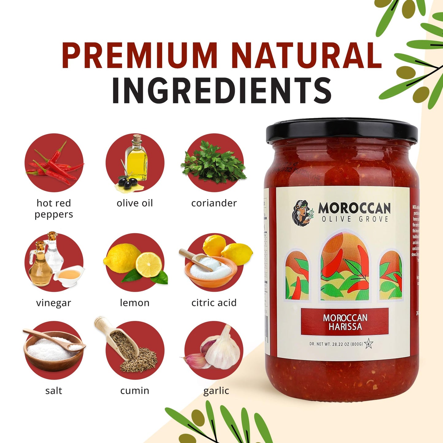 MOROCCAN OLIVE GROVE, Moroccan Harissa, (2 Pack) 28.22oz (800g), Gourmet Moroccan Hot Sauce, Spicy, Tangy Chili Paste