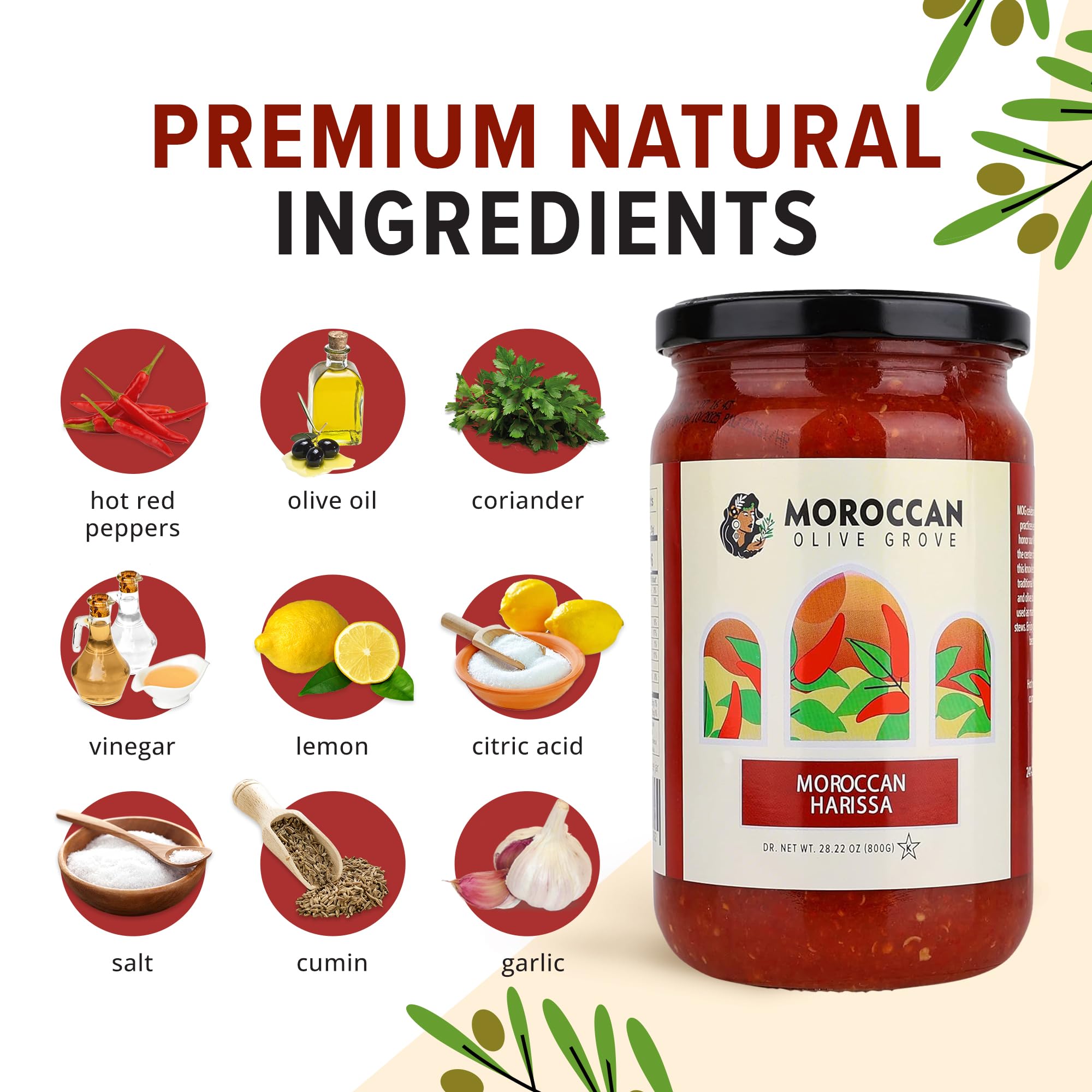 MOROCCAN OLIVE GROVE, Moroccan Harissa, (2 Pack) 28.22oz (800g), Gourmet Moroccan Hot Sauce, Spicy, Tangy Chili Paste