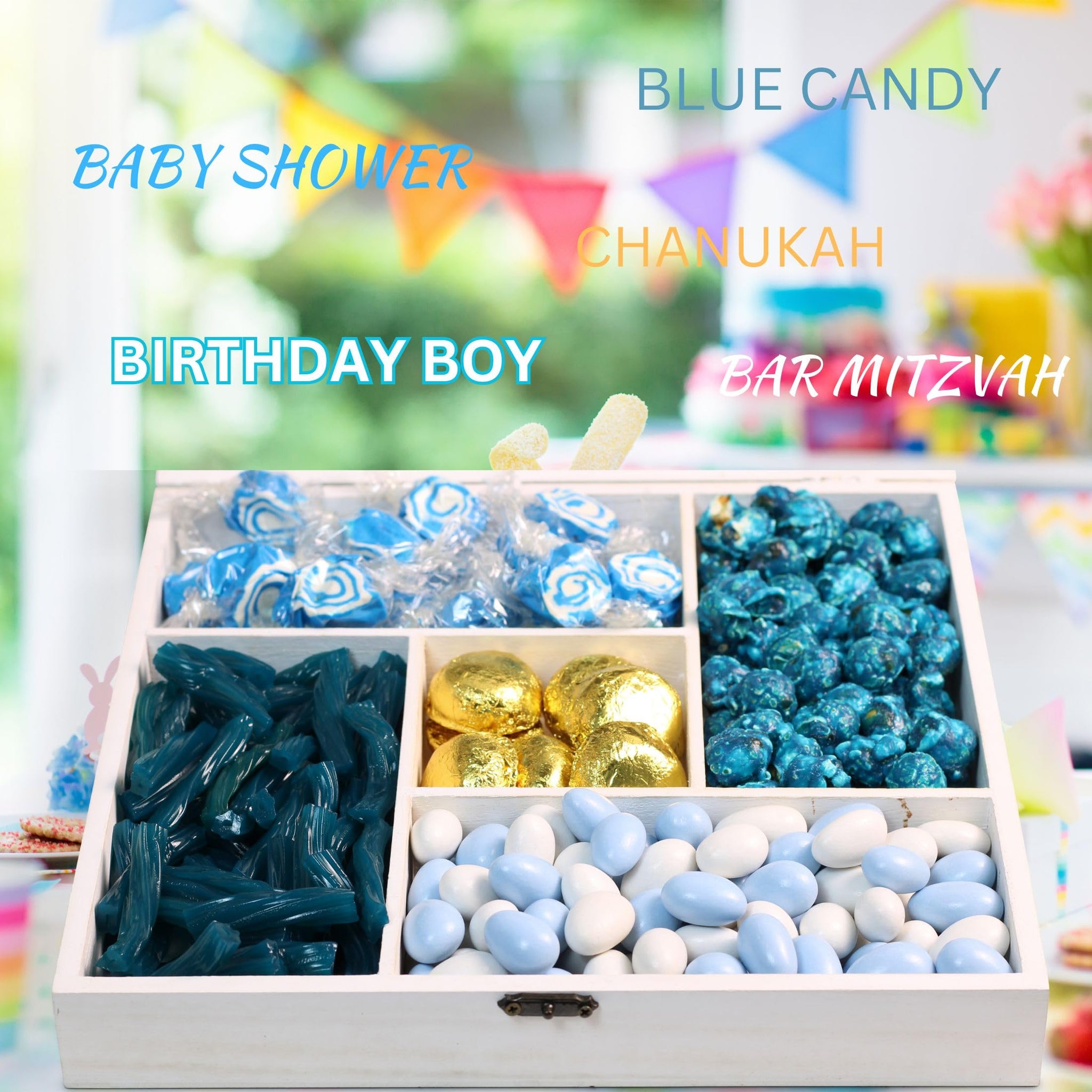 Gourmet Blue Candy Gift Tray - by It's Delish | Wood Gift Basket, in Reusable Wooden Crate with Lid | Gift Box of Holiday Treats and Candies for Baby