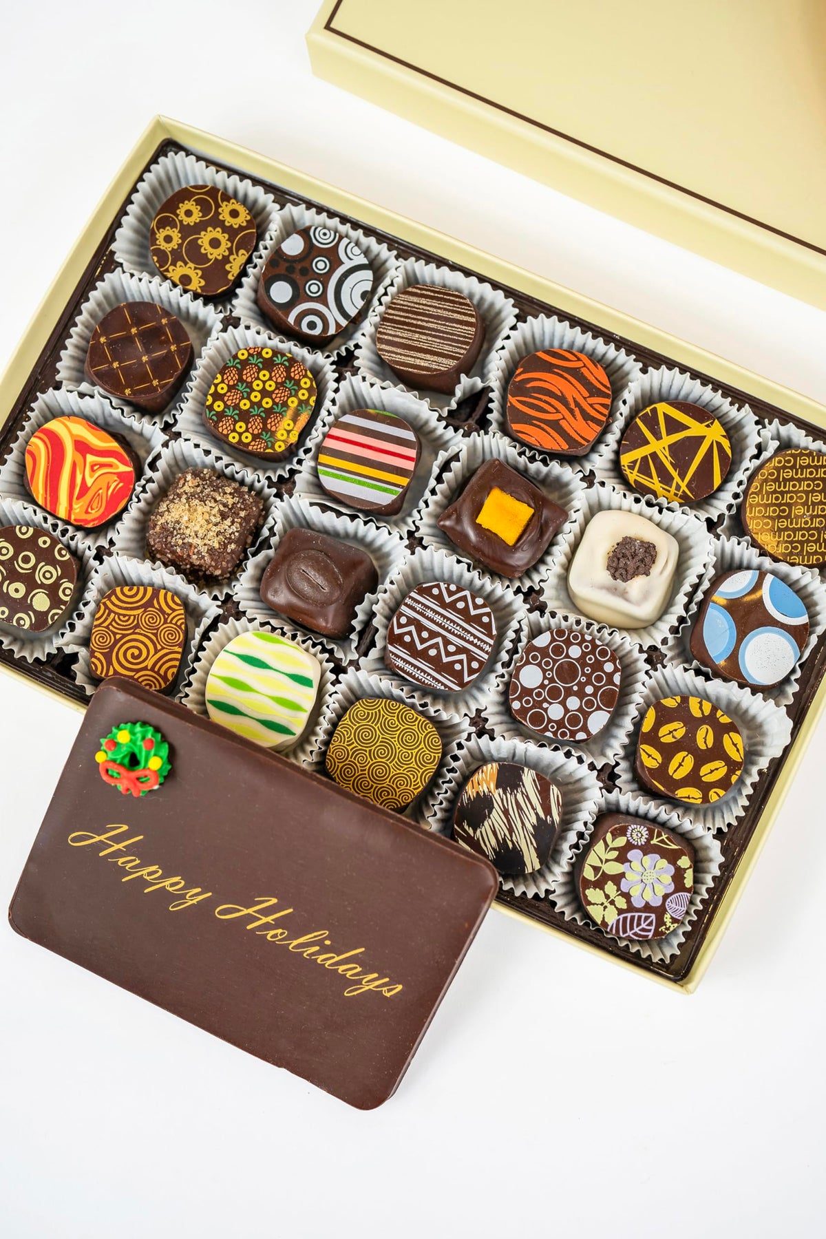 Le Chocolatier Happy Holidays Gourmet Lactose Free, Vegan Friendly Chocolate Truffle Gift Box - Perfect for Chistmas & New Years Gifts (24 Piece Box)