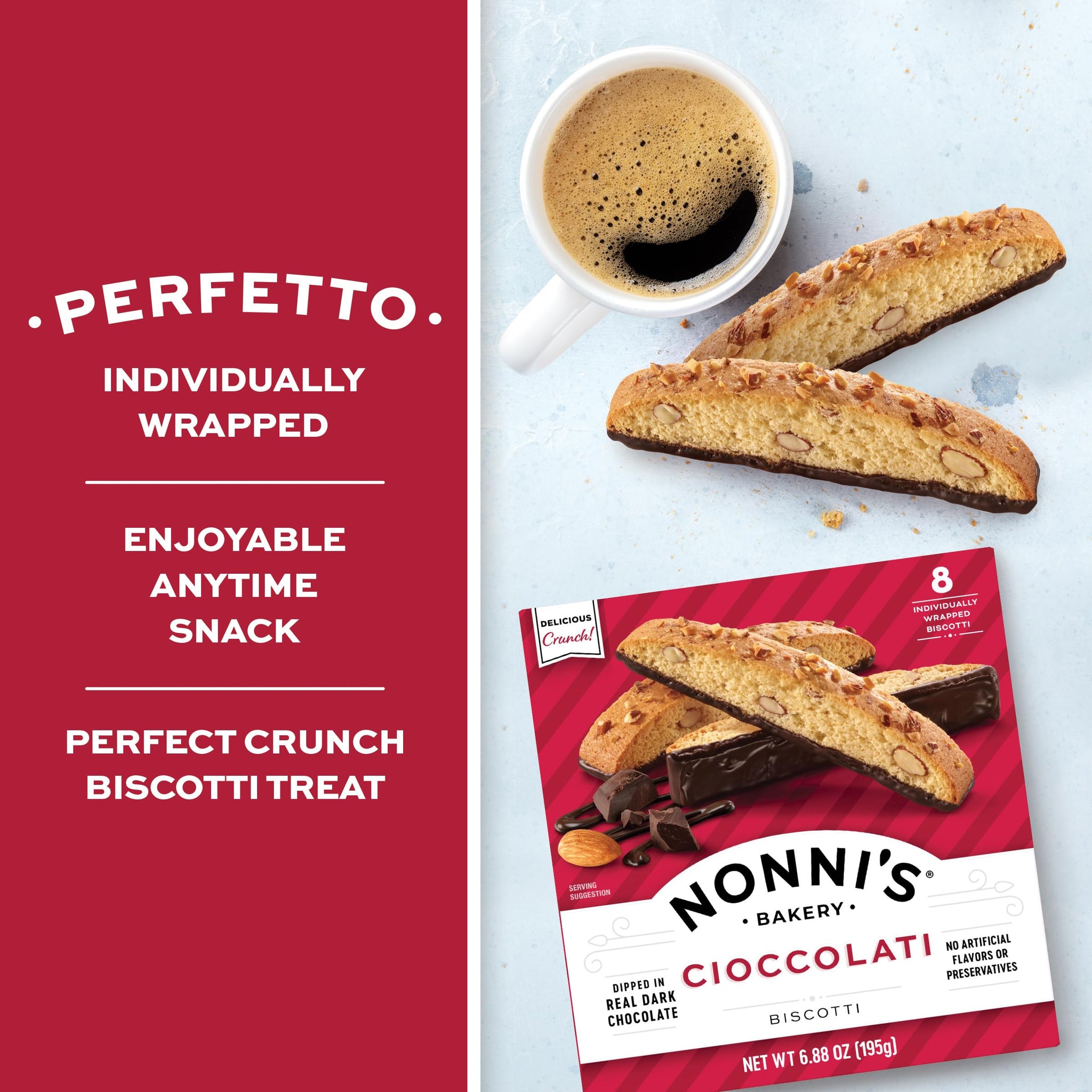 Nonni's Cioccolati Dark Chocolate Almond Biscotti, Individually Wrapped Italian Cookie Snacks, 8 Servings (Pack of 1)