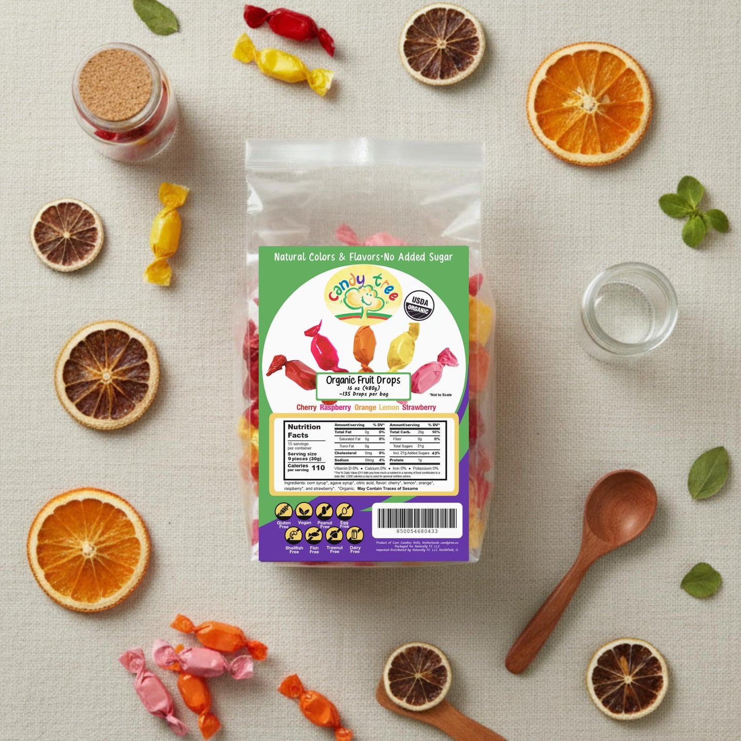 Candy Tree Organic Fruit Drops - No Added Sugar, Vegan, Gluten-Free, USDA Organic, Allergen-Free, Assorted Cherry, Lemon, Orange, Raspberry
