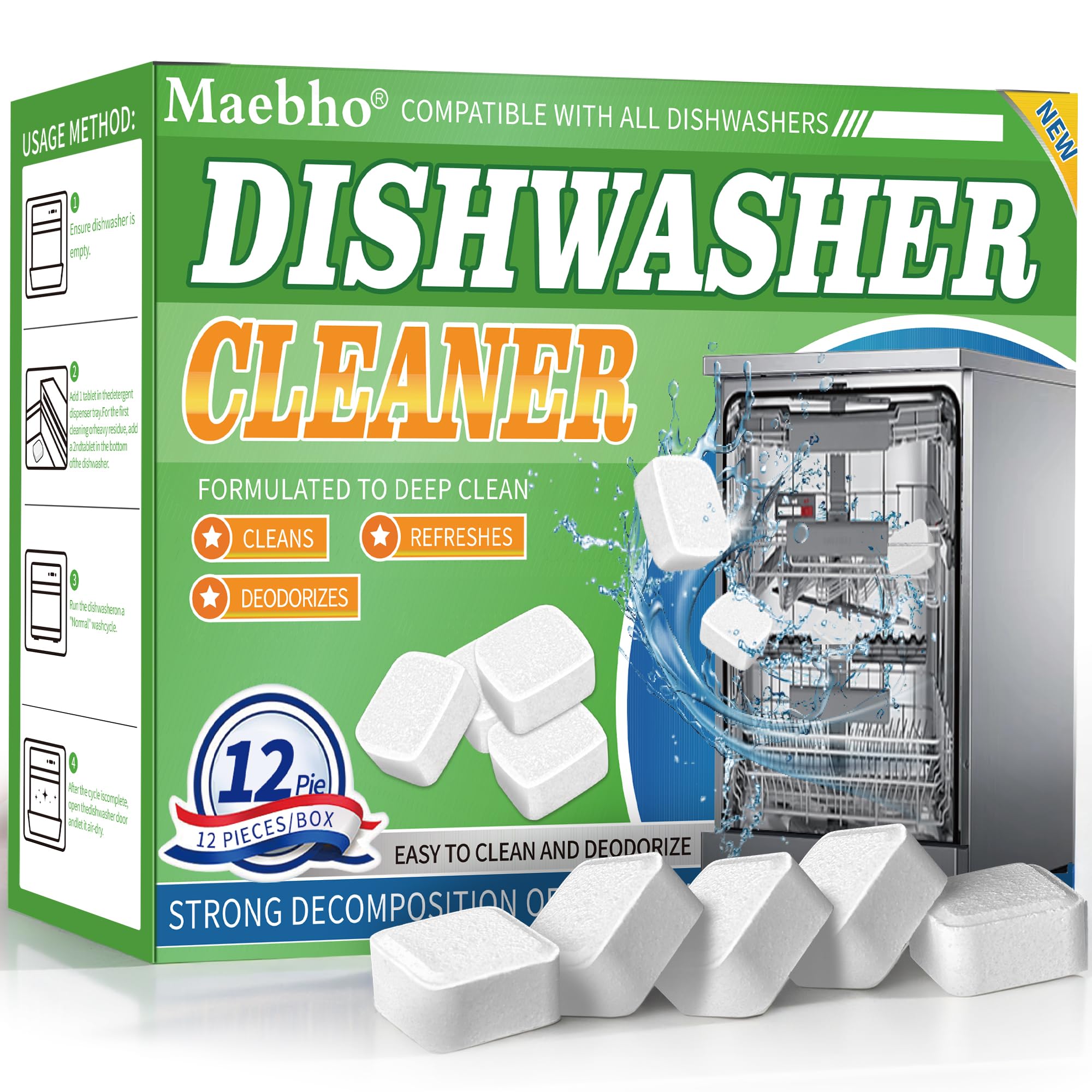 Dishwasher Cleaner and Deodorizer Tablets-12 Pack, Heavy Duty Deep Cleaning Descaler Pods for Dish Washer Machine, Removes Limescale, Odor, Grease