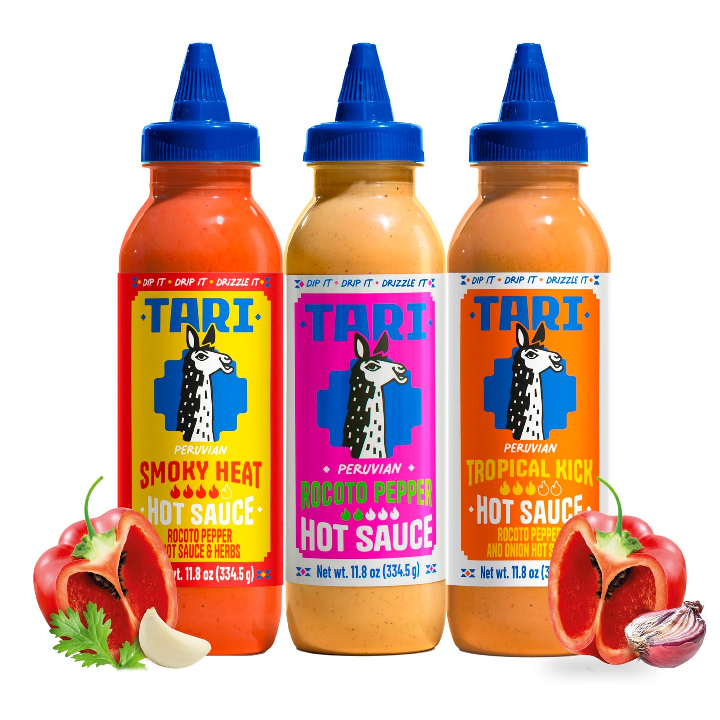 Tari Hot Sauce - Rocoto Pepper Variety Pack - Aji Rocoto + Smoky Heat + Tropical Kick - 11.8oz each (3Pk)