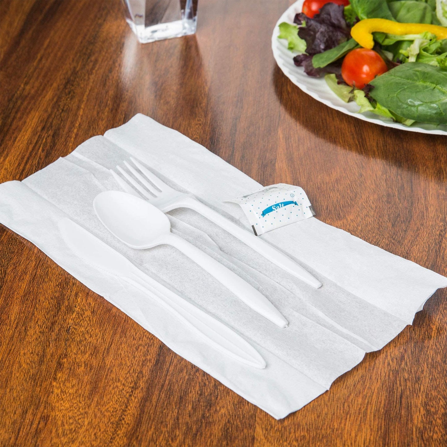 450 White Plastic Cutlery Packets - Knife Fork Spoon Napkin Salt Pepper Sets, Individually Wrapped Disposable Silverware