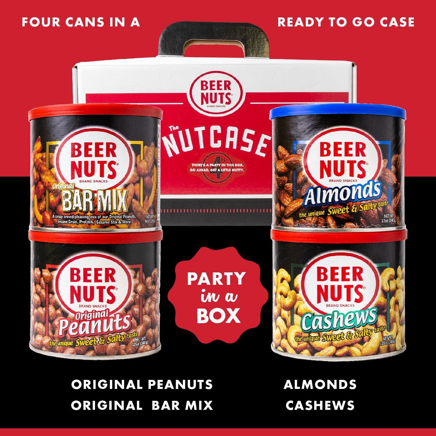 Beer Nuts Brand Snacks, Original Nutcase, Perfect for Gifting, Original Peanuts, Original Bar Mix, Cashews, Almonds, Sweet & Spicy Bar Mix, Resealable