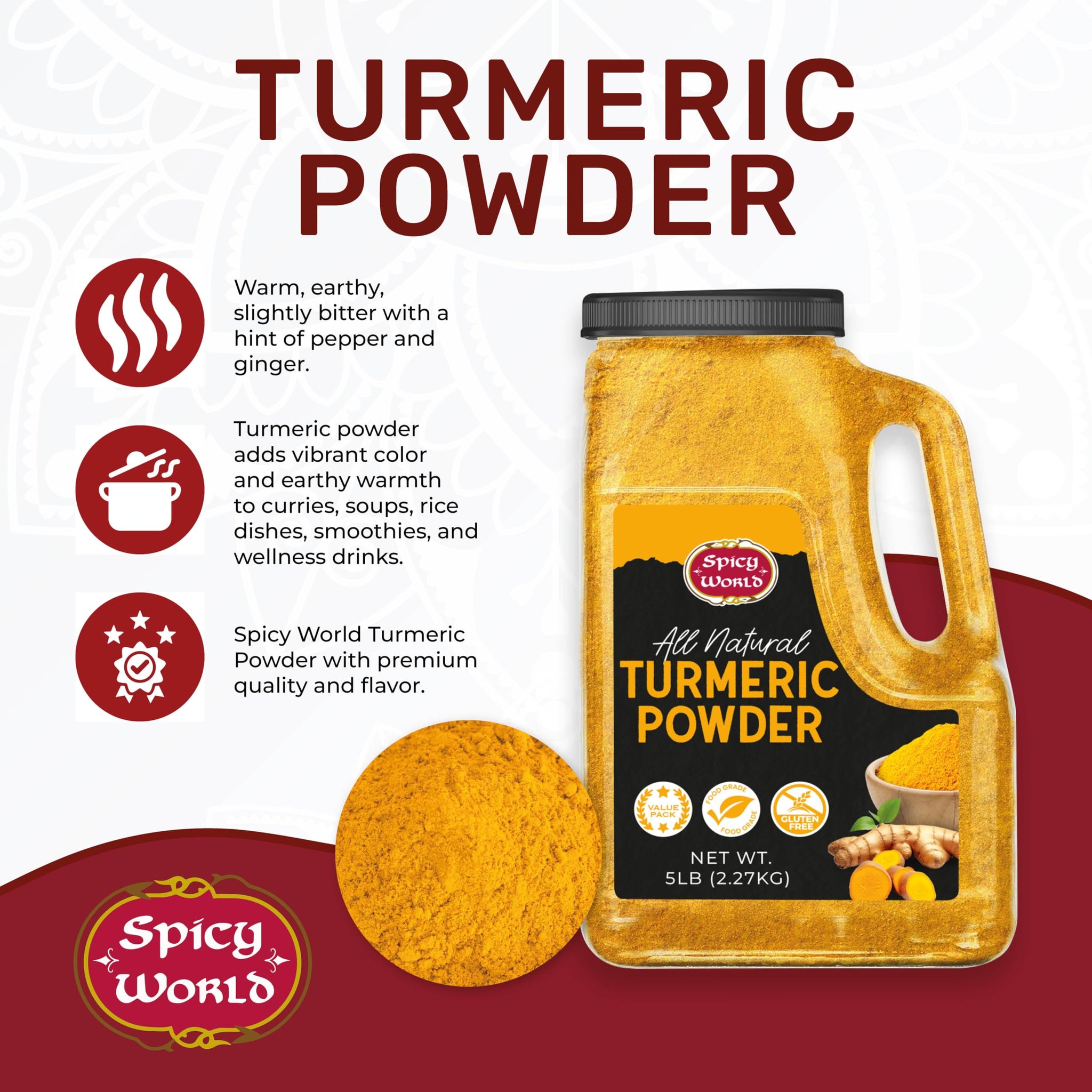 Spicy World Turmeric Powder 5 LB Jar - Gluten Free, Bulk Turmeric with Curcumin, Ground Haldi Spice for Cooking, Pure Curcuma Longa, Non-GMO