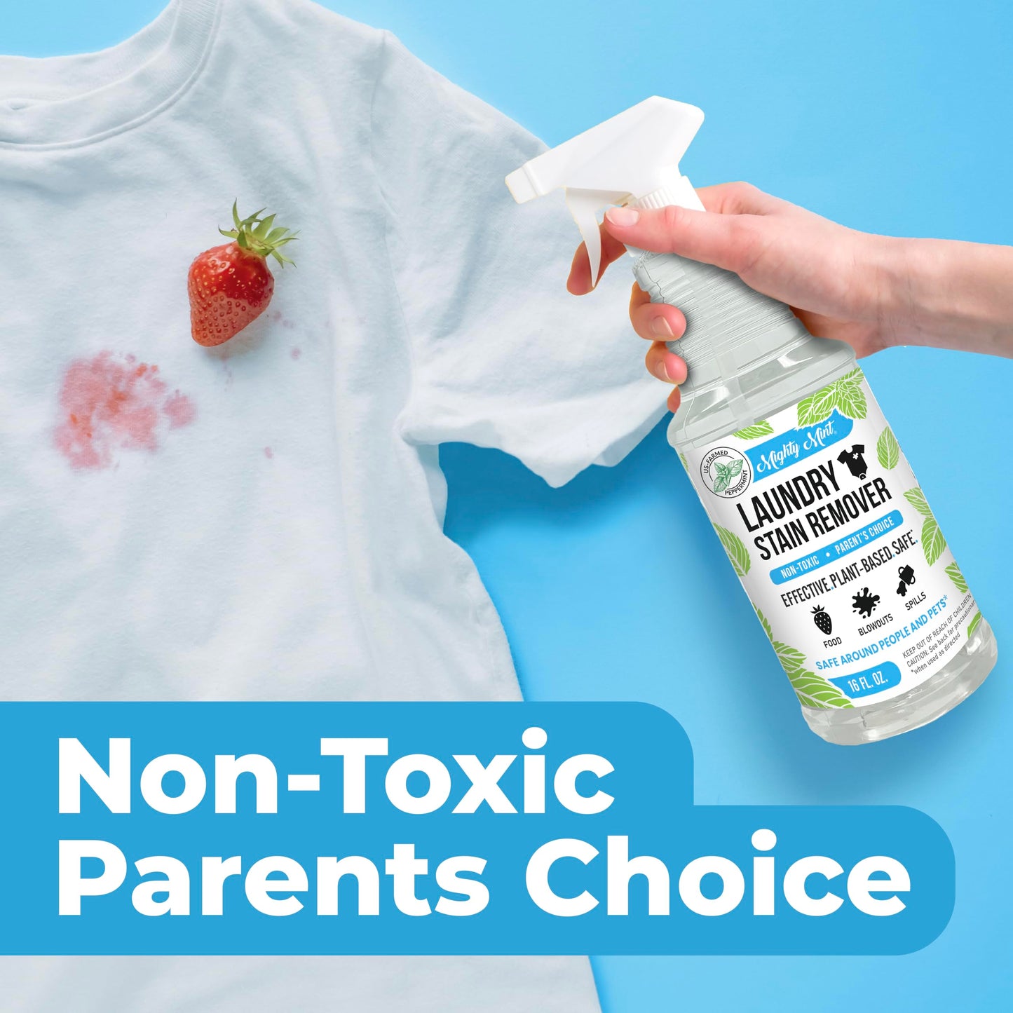 Mighty Mint Laundry Stain Remover, Parent’s Choice Spray for Stains from Food, Drink, Grease, Natural Peppermint Scent, 16oz