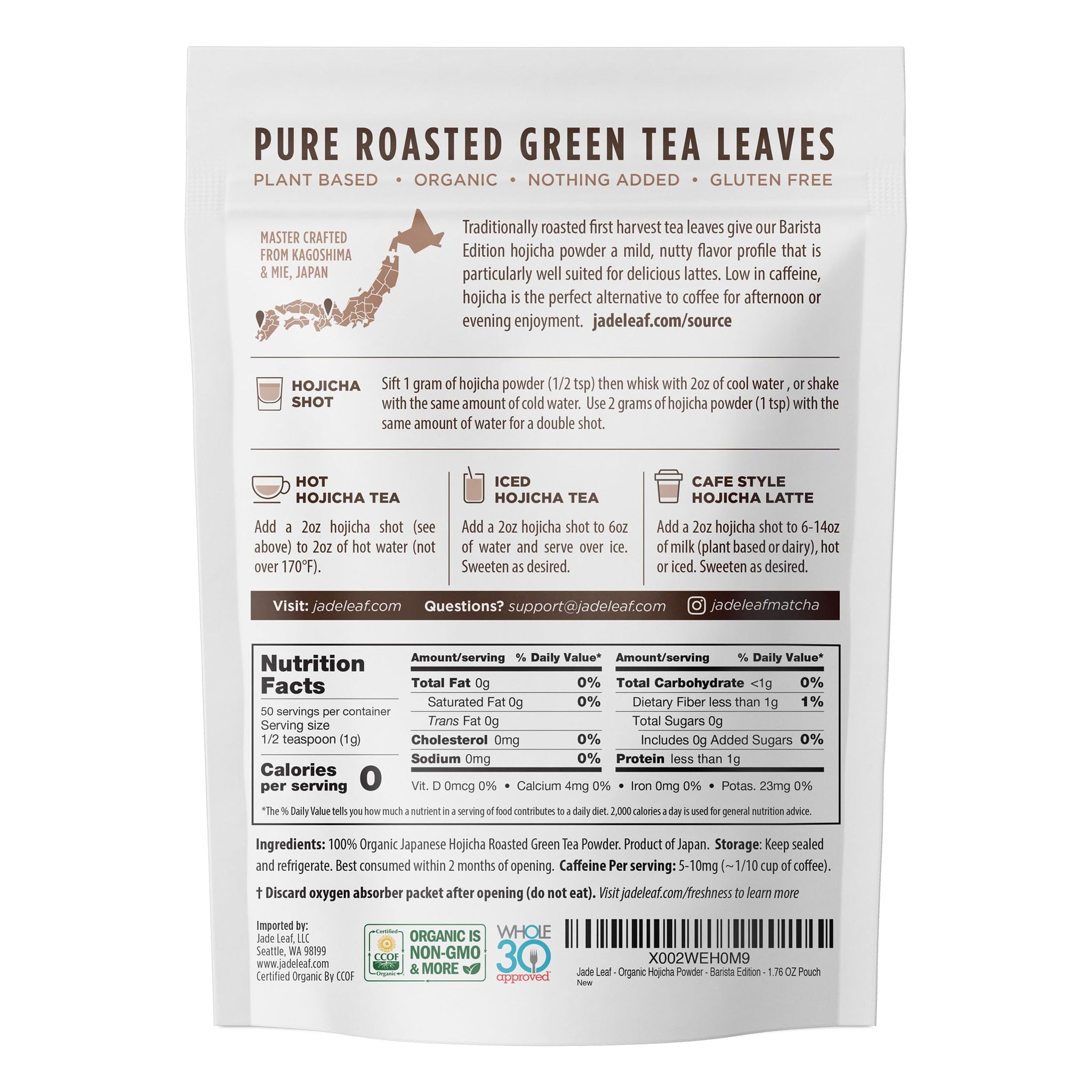 Jade Leaf Matcha Organic Japanese Hojicha Powder, Roasted Matcha Green Tea Powder - Barista Edition - Authentic Japanese Origin (1.76 Ounce Pouch)