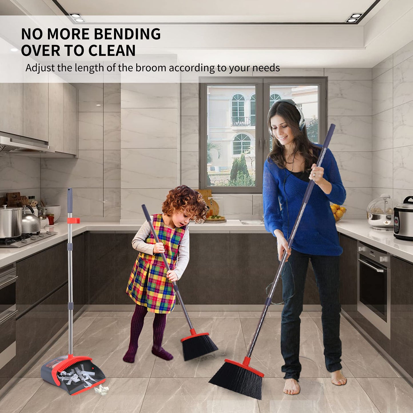 Broom with Dustpan Combo Set Broom and Dustpan Set Dust Pan with Stainless Steel Long Handle, Brooms with 5-Layer Soft Bristles for Sweeping Office