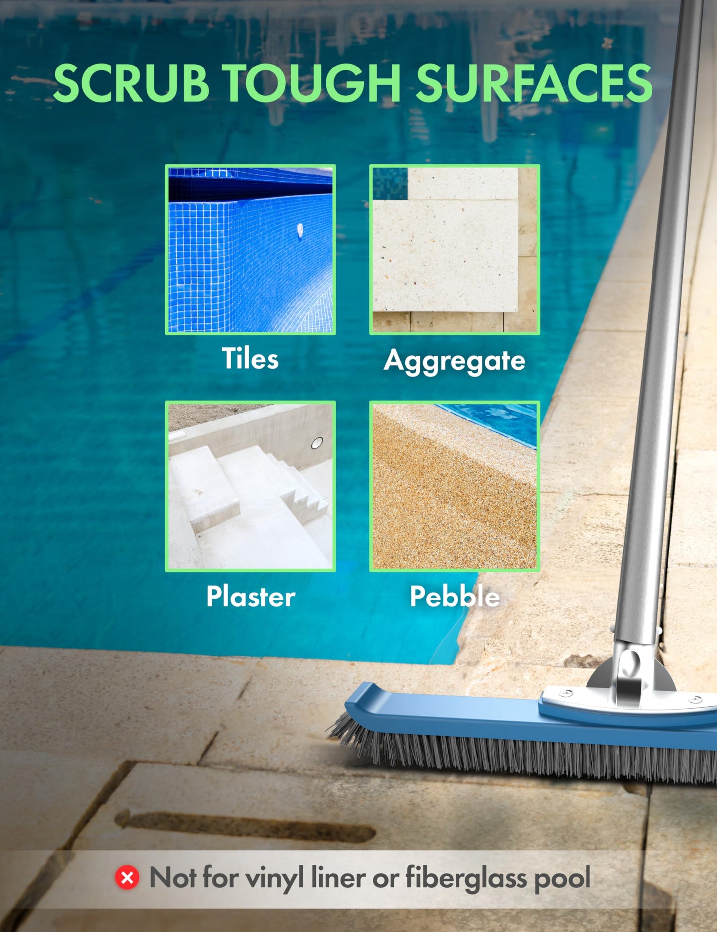 KEMANO Heavy Duty Deck/Pool Scrub Brush - Industrial-Grade Silicon Carbide Bristles & Reinforced Frame for Patio, Wood Decking, Concrete & Poolside