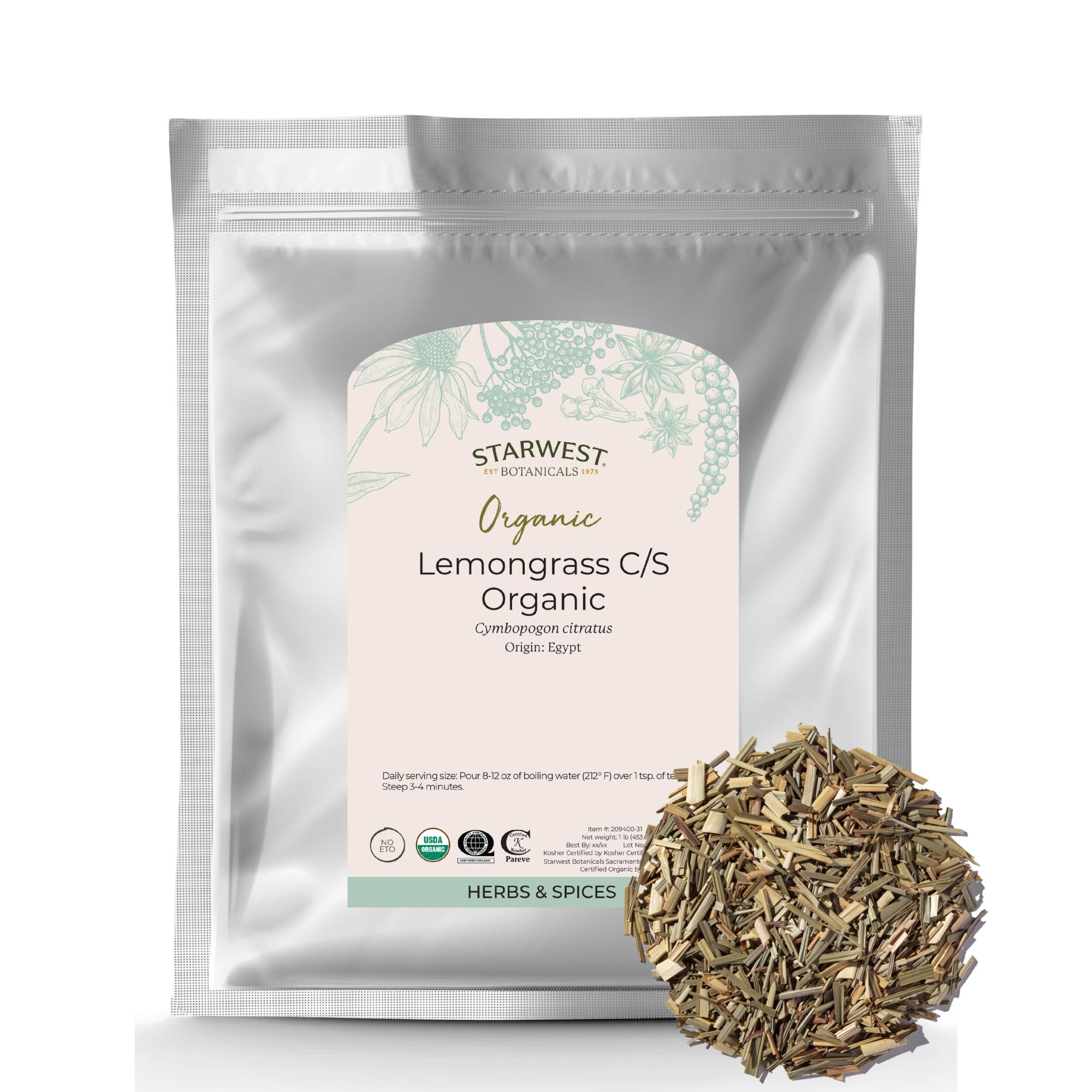 Starwest Botanicals Organic Lemongrass - Dried Loose Leaf Herb for Tea & Cooking, Natural Rose & Citrus Aroma, Certified Kosher, Cut & Sifted, Non-GMO