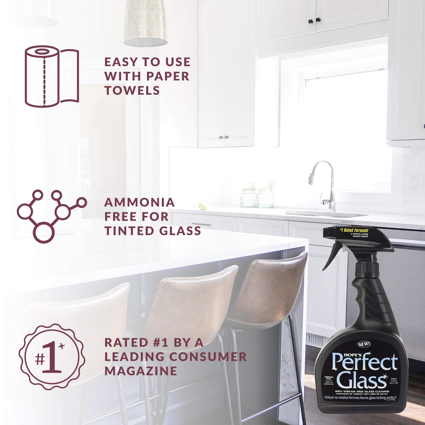 HOPE'S Perfect Glass Cleaner Spray, Streak-Free, Ammonia-Free Window, Mirror, Screen, Tinted Glass, and Shower Door Cleaner, Indoor and Outdoor Glass