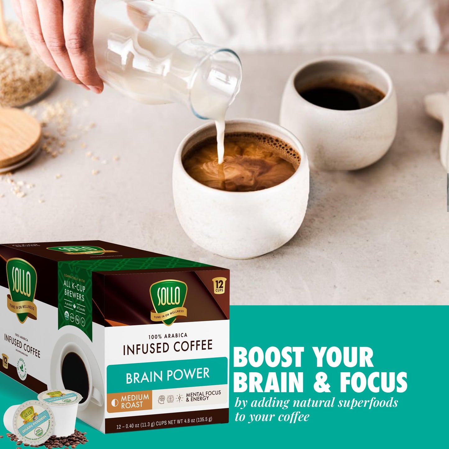 SOLLO Brain Power Dark Coffee Pods MCT & Essential nutrition, Nootropic Brain Booster, For Memory & Focus Compatible with K-Cup Keurig Brewers, 12