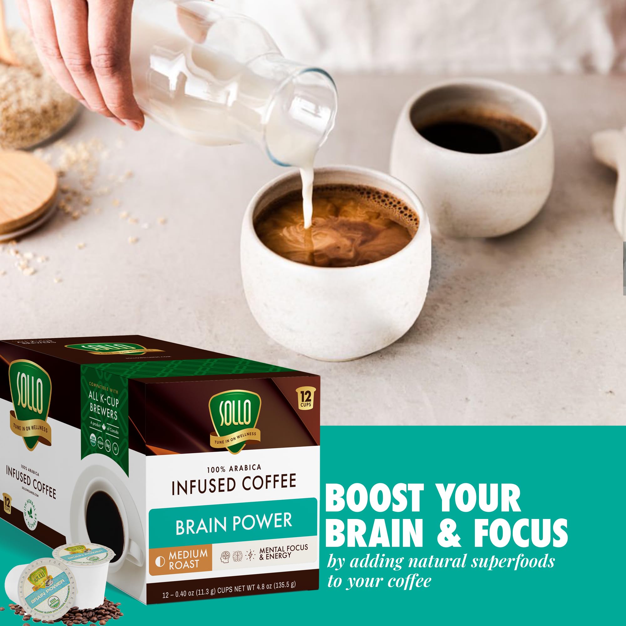 SOLLO Brain Power Dark Coffee Pods MCT & Essential nutrition, Nootropic Brain Booster, For Memory & Focus Compatible with K-Cup Keurig Brewers, 12