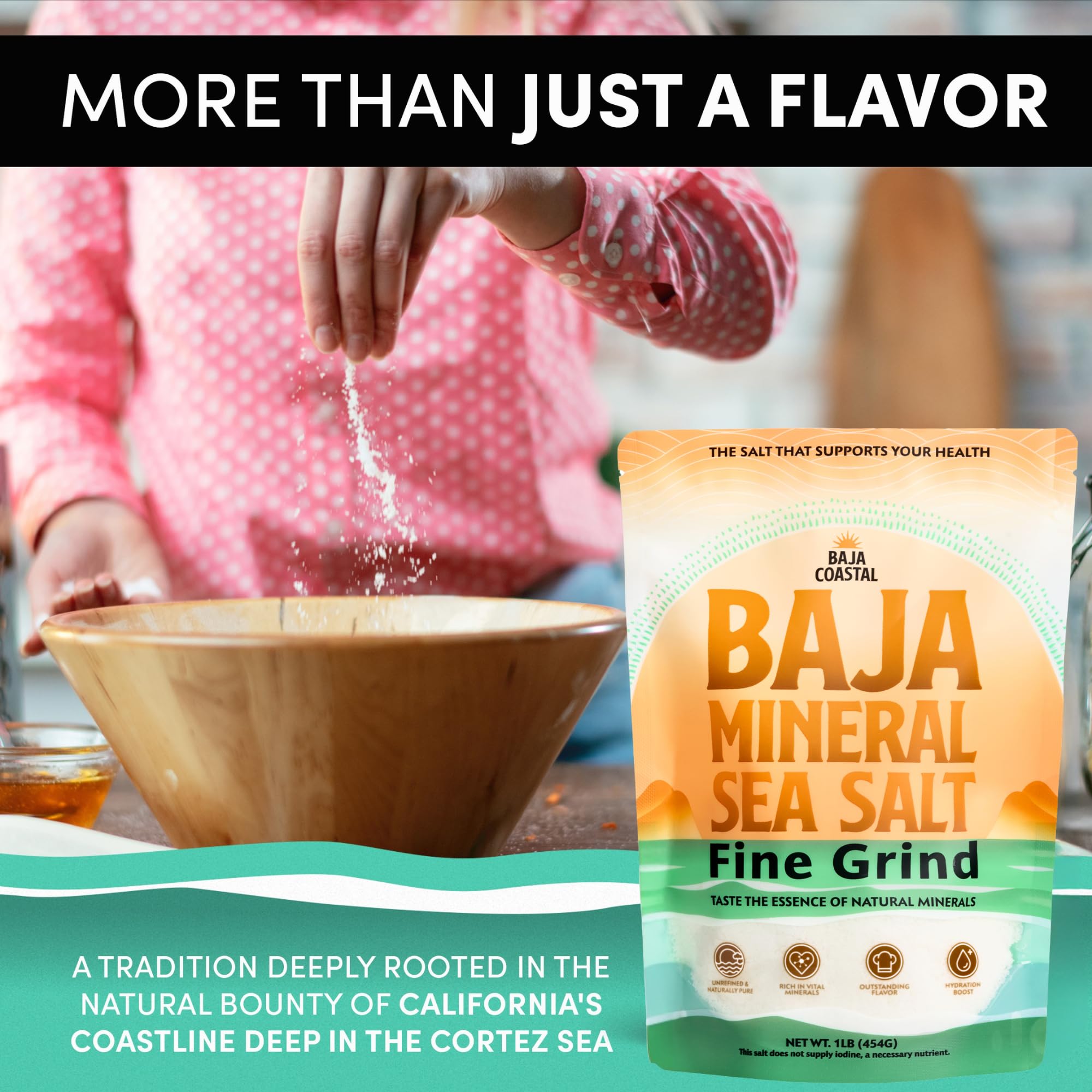 Baja Coastal - Baja Mineral Sea Salt, Fine Grind, 1lb - 16oz. 100% Organic & Unrefined, Rich in Essential Minerals, Low Sodium Salt, Perfect for