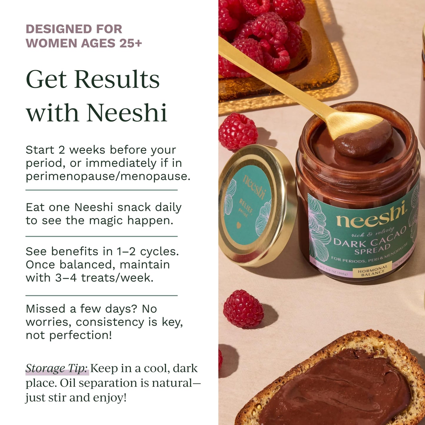 NEESHI Hormone Balancing Dark Cacao Spread for Women - Bloating Relief & Menopause Support - Low Sugar, Vegan, Gluten-Free, All Natural Superfood
