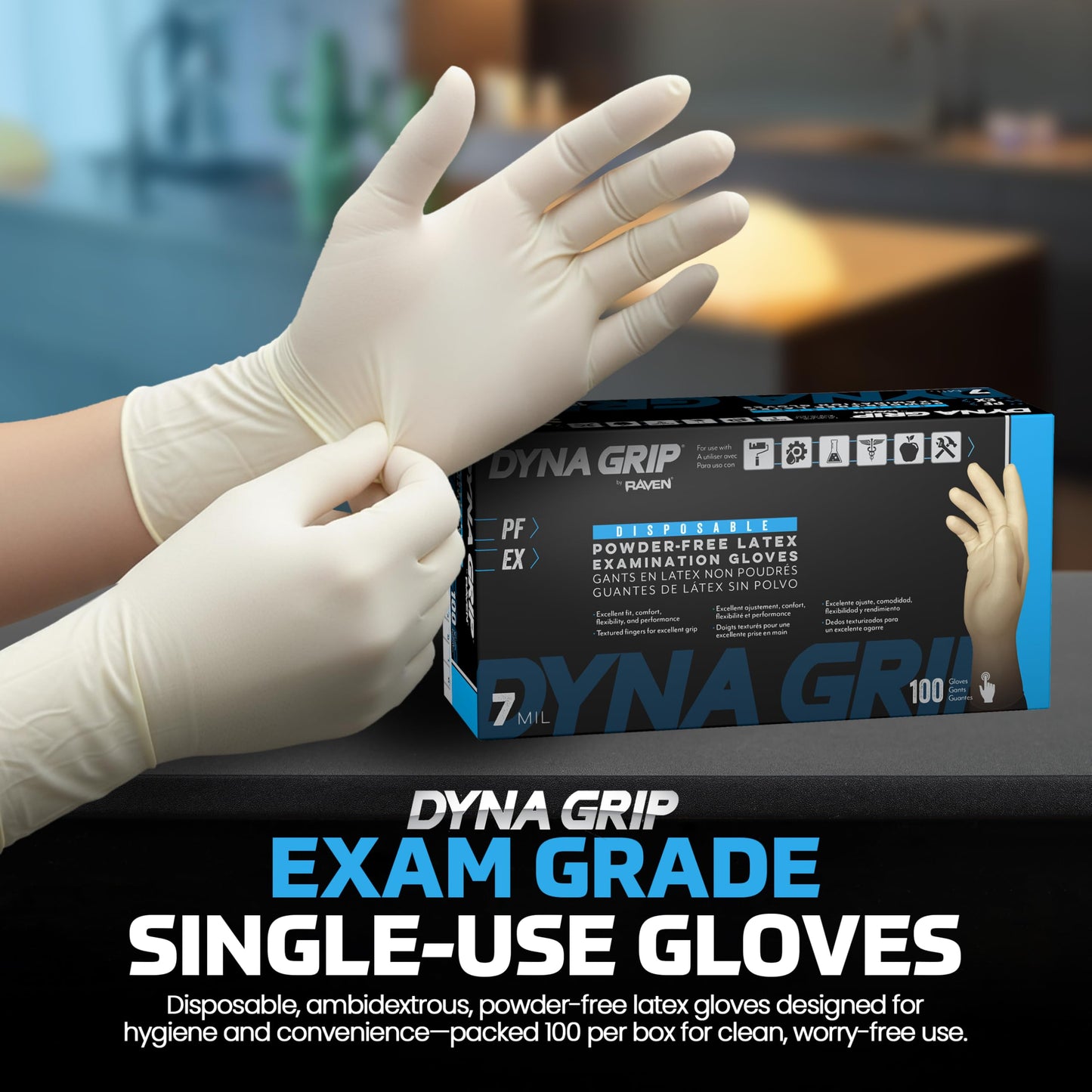 SAS Safety 650-1003 Dyna Grip Powder-Free Premium Latex Disposable Gloves, 7 Mil, Large, 100 Count , White