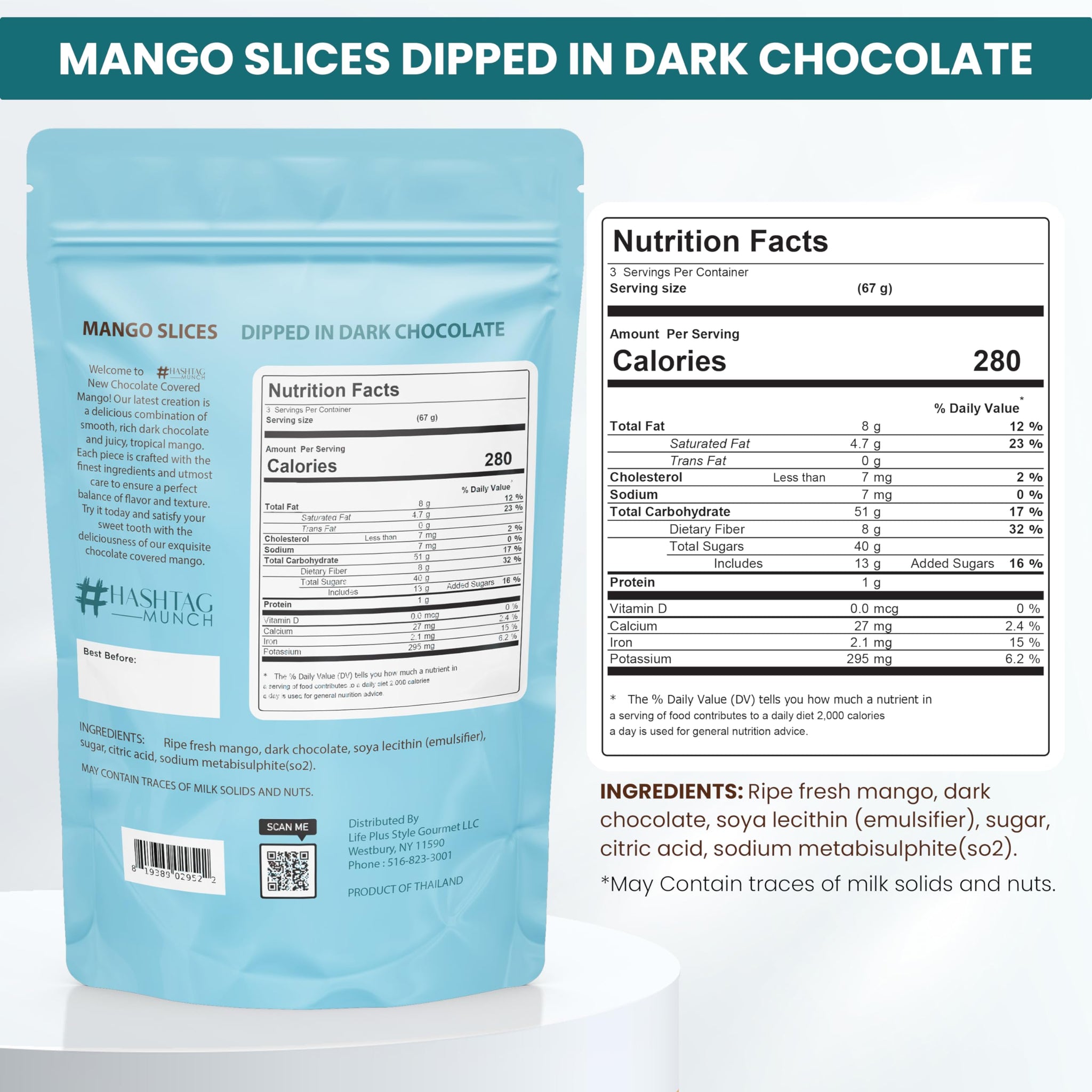Premium All Natural Real Rich Dark Chocolate Dipped Tropical Mango Dried Fruit Slices 7oz Non GMO, No Added Colors Healthy Snacks Resealable Bag
