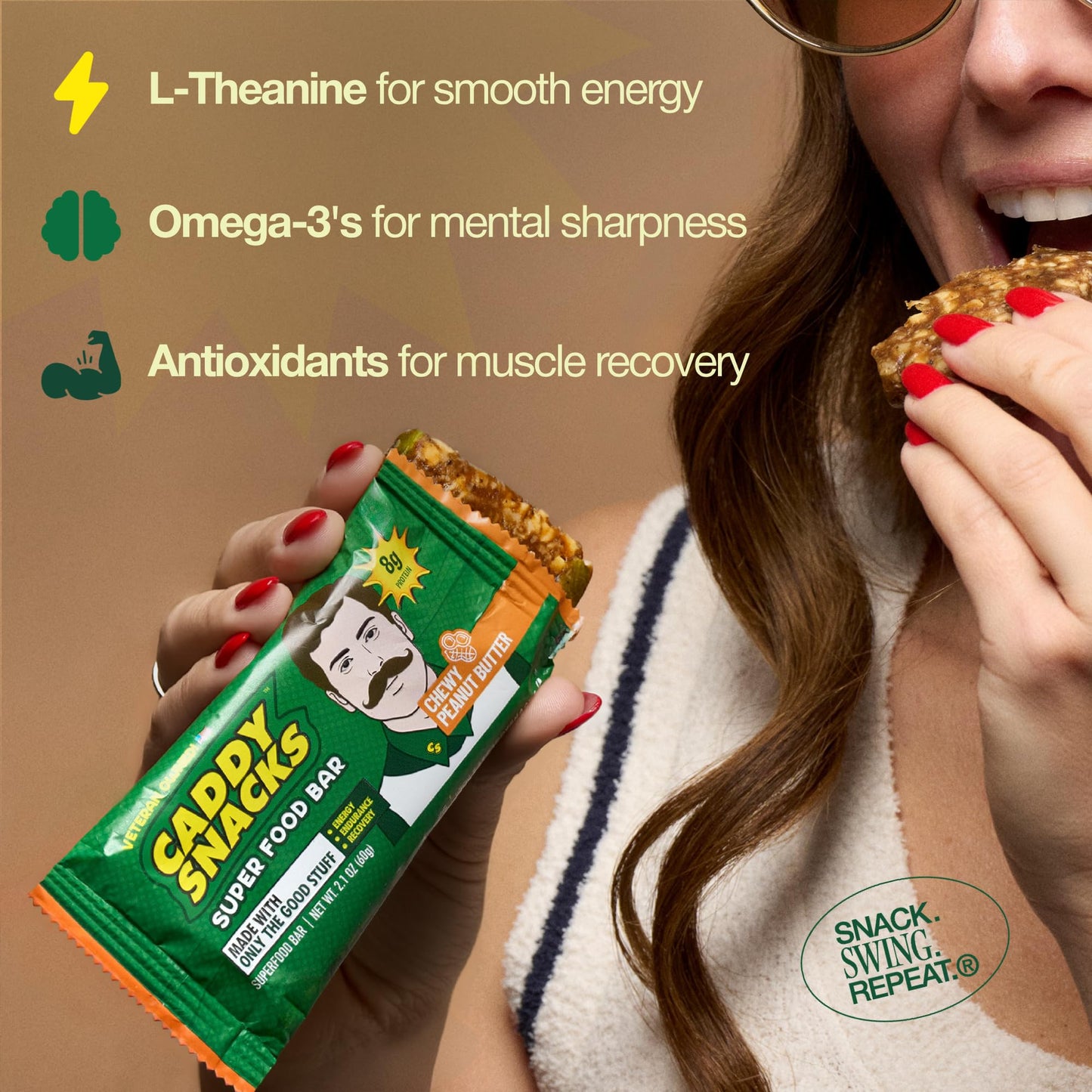 Caddy Snacks Chewy Peanut Butter - Healthy Snack Bars | Low Sugar | Vegan | Gluten Free | On-the-Go Golf Snack | 2.1 oz Bars, 12 Count (Peanut Butter)
