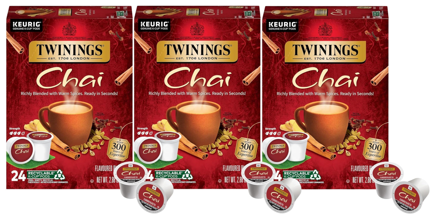 Twinings Chai Black Tea K-Cup Pods for Keurig Brewers, 72 Count - Bold & Spiced Blend with Cinnamon, Cardamom, Clove & Ginger - Caffeinated