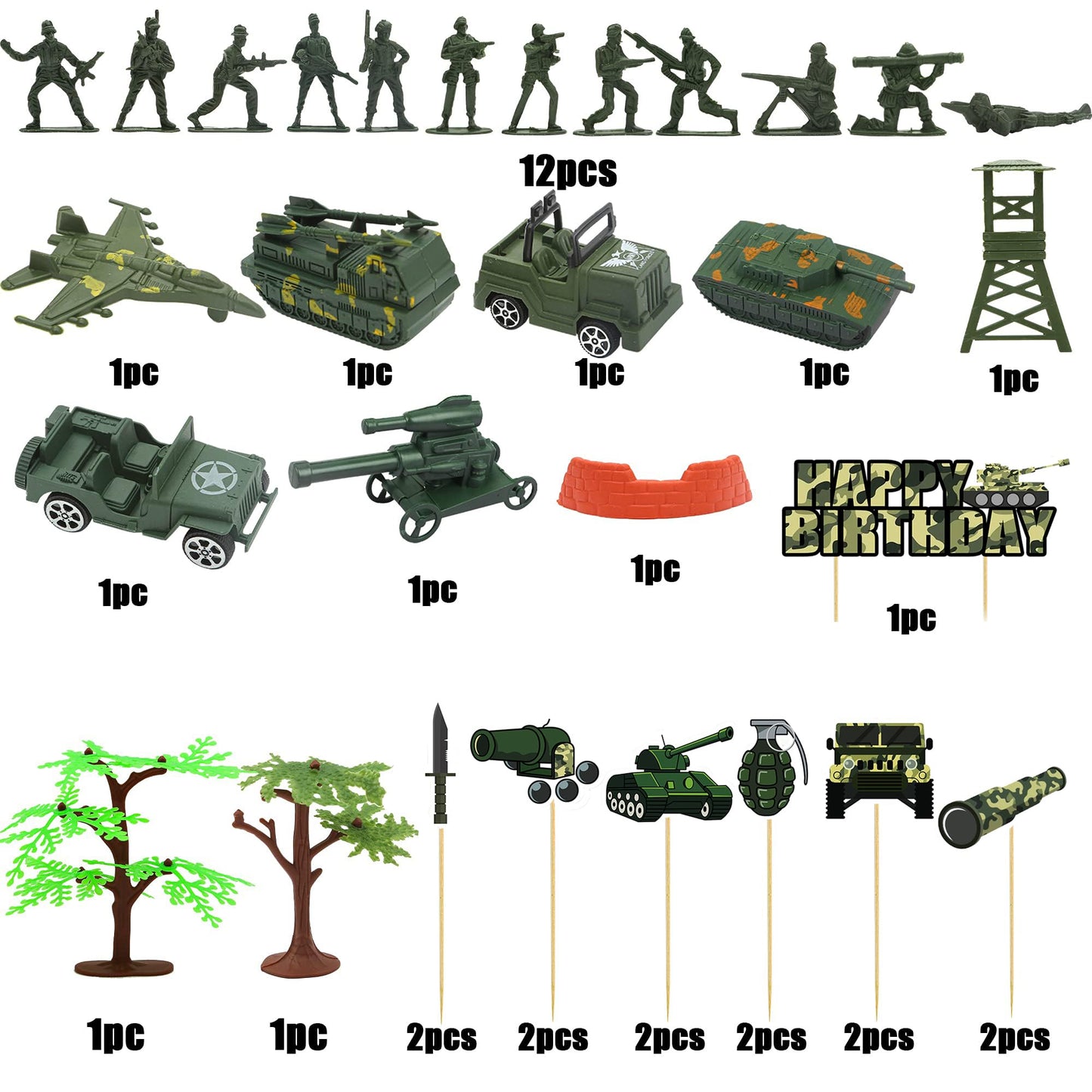 35pcs Camo Cake Cupcake Toppers Camouflage Cake Decorations Army Military Party Supplies with Camo Happy Birthday Cake Topper Army Men Tanks Vehicles