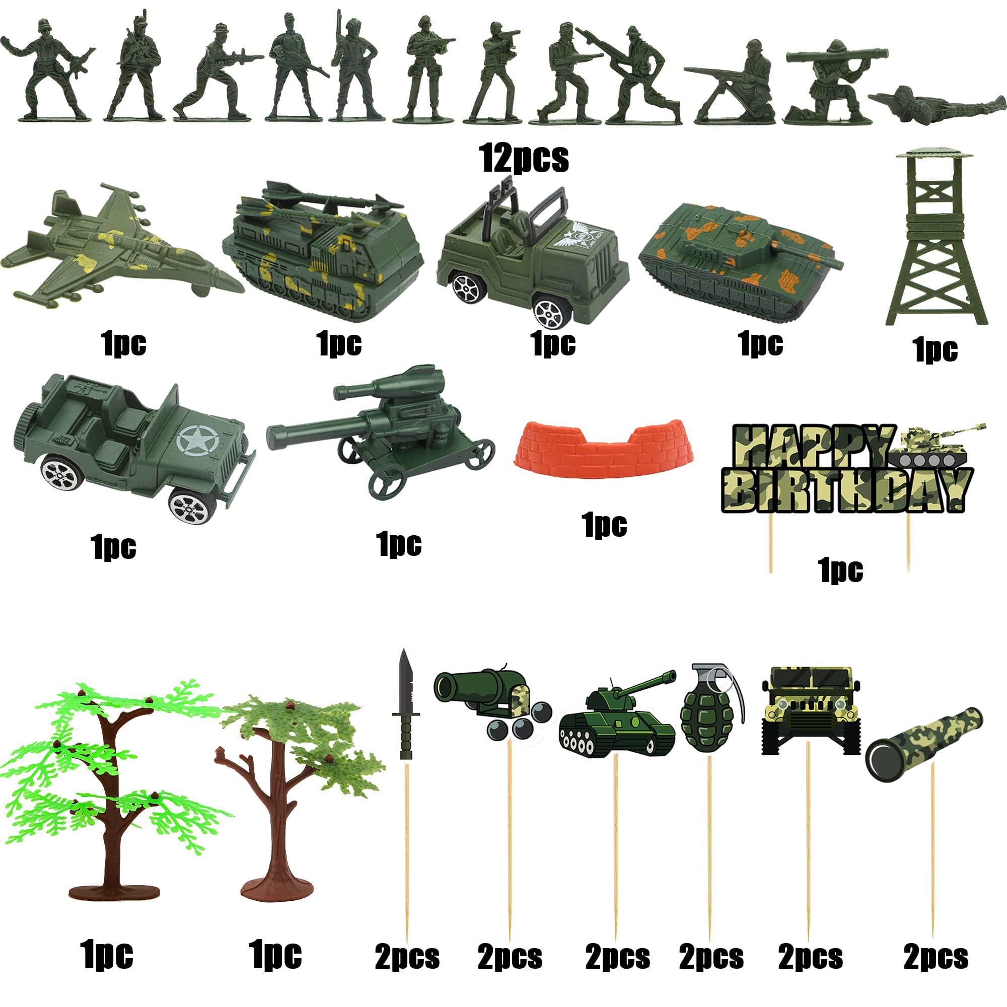 35pcs Camo Cake Cupcake Toppers Camouflage Cake Decorations Army Military Party Supplies with Camo Happy Birthday Cake Topper Army Men Tanks Vehicles