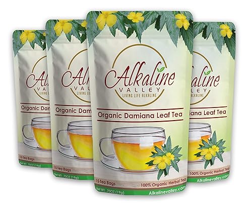 Organic Damiana Tea - Unbleached/Chemical-Free Damiana Tea Bags - (Pack of 4 = 60 Tea Bags) - Caffeine-Free, No GMO, 100% Alkaline