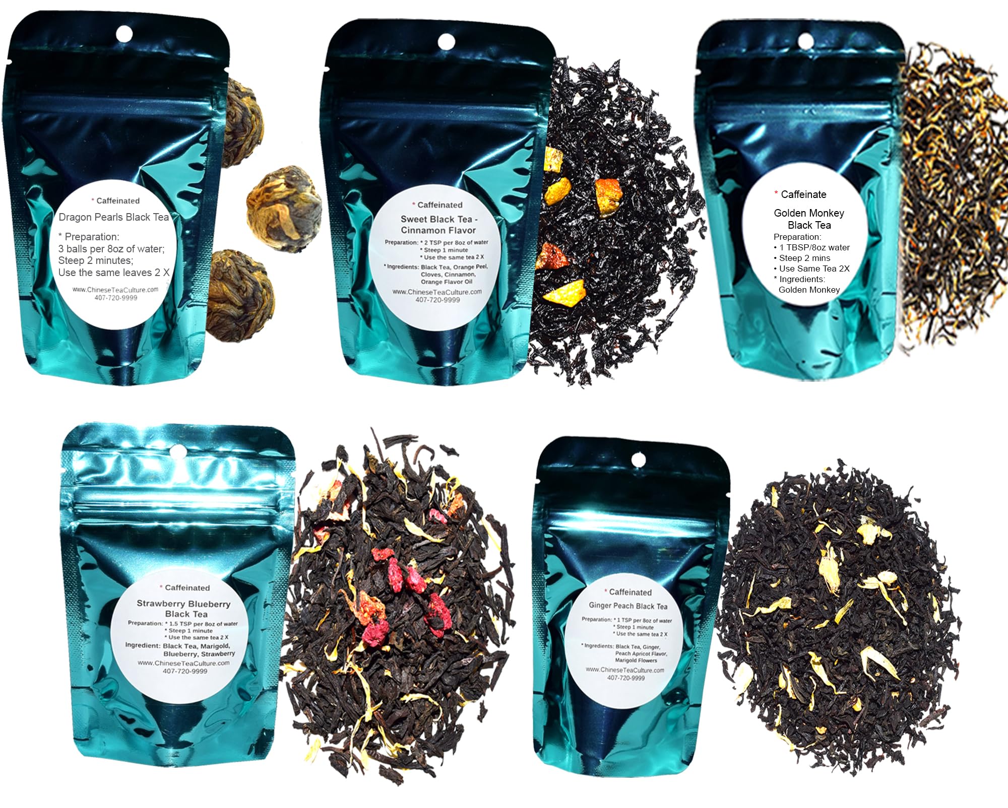 5 Black Tea Samplers, Caffeinated, Sweet Black Tea (No Sugar Added), Dragon Pearls Tea, Golden Monkey Tea, Ginger Peach Tea, Strawberry Blueberry Tea