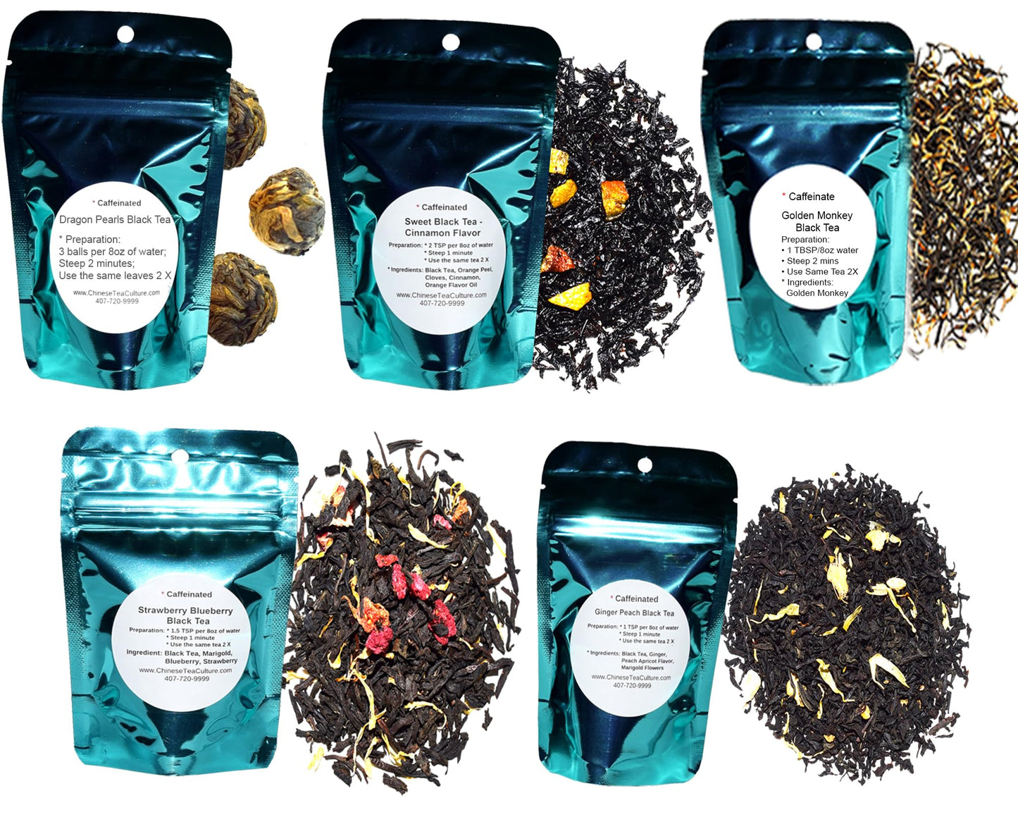 5 Black Tea Samplers, Caffeinated, Sweet Black Tea (No Sugar Added), Dragon Pearls Tea, Golden Monkey Tea, Ginger Peach Tea, Strawberry Blueberry Tea