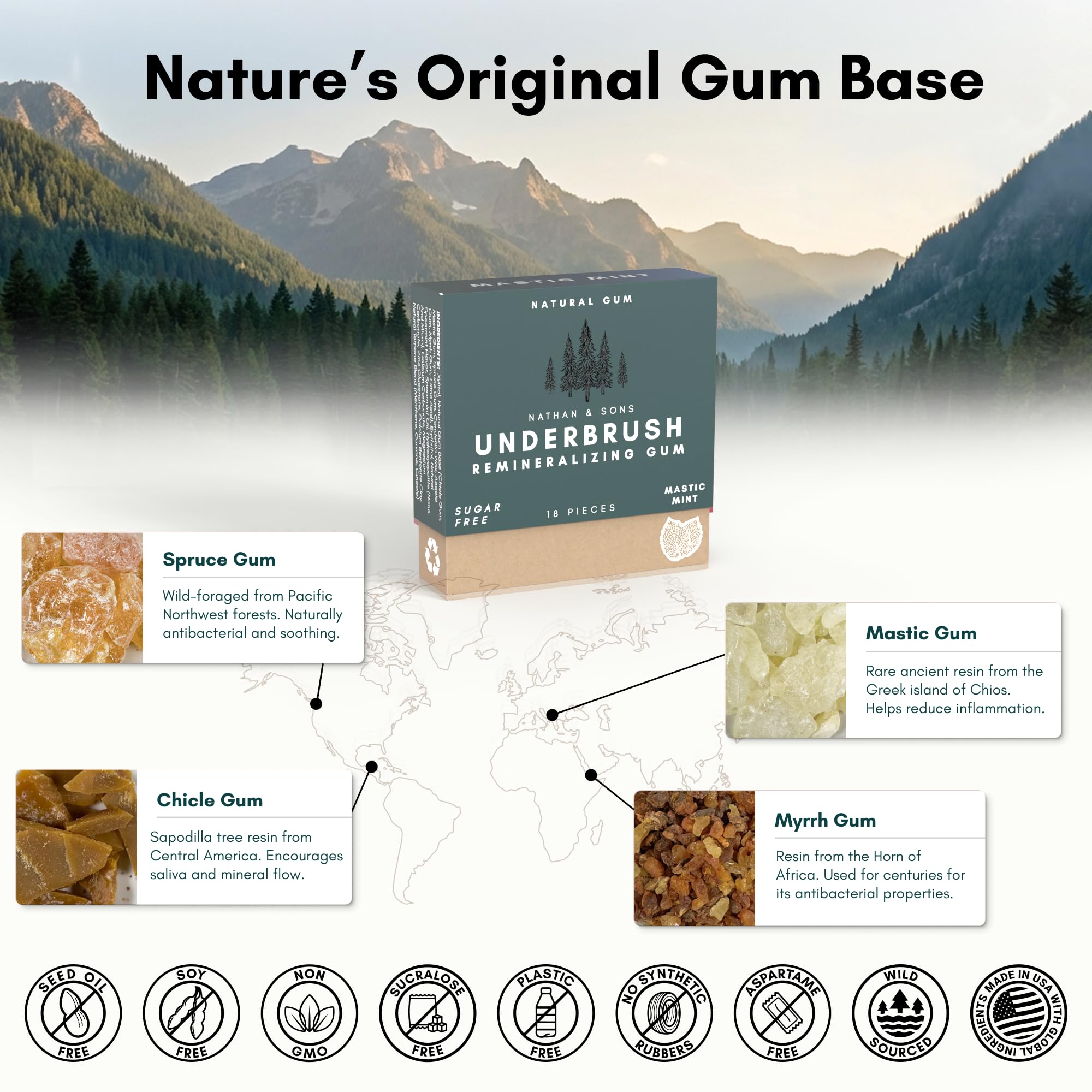 Underbrush Mastic Mint Remineralizing Natural Gum, Sugar Free Xylitol Gum with Hydroxyapatite, Supports Fresh Breath and Oral Health, Tree Sap Base
