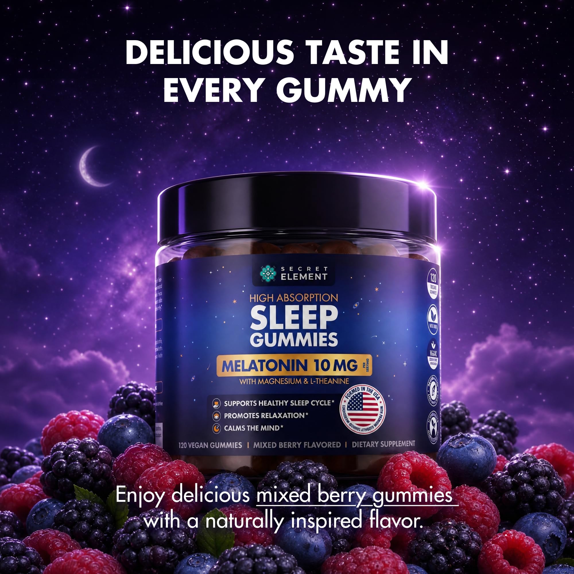 Mixed Berry Gummies with Melatonin 10mg, Magnesium & L-Theanine - Vegan, Non-GMO, Sugar Free