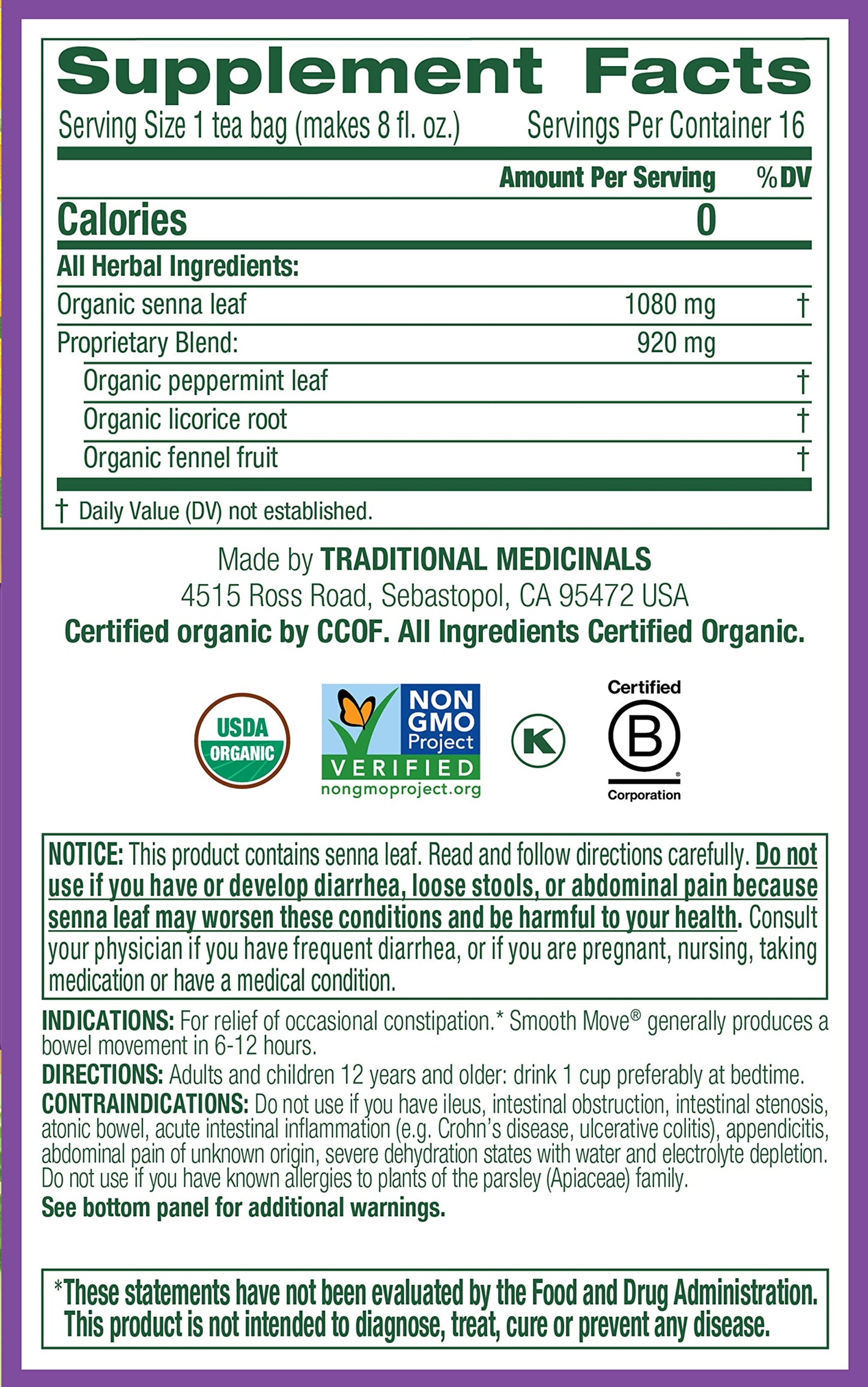 Traditional Medicinals Organic Smooth Move Peppermint Laxative Tea, 16 Tea Bags (Pack of 1)