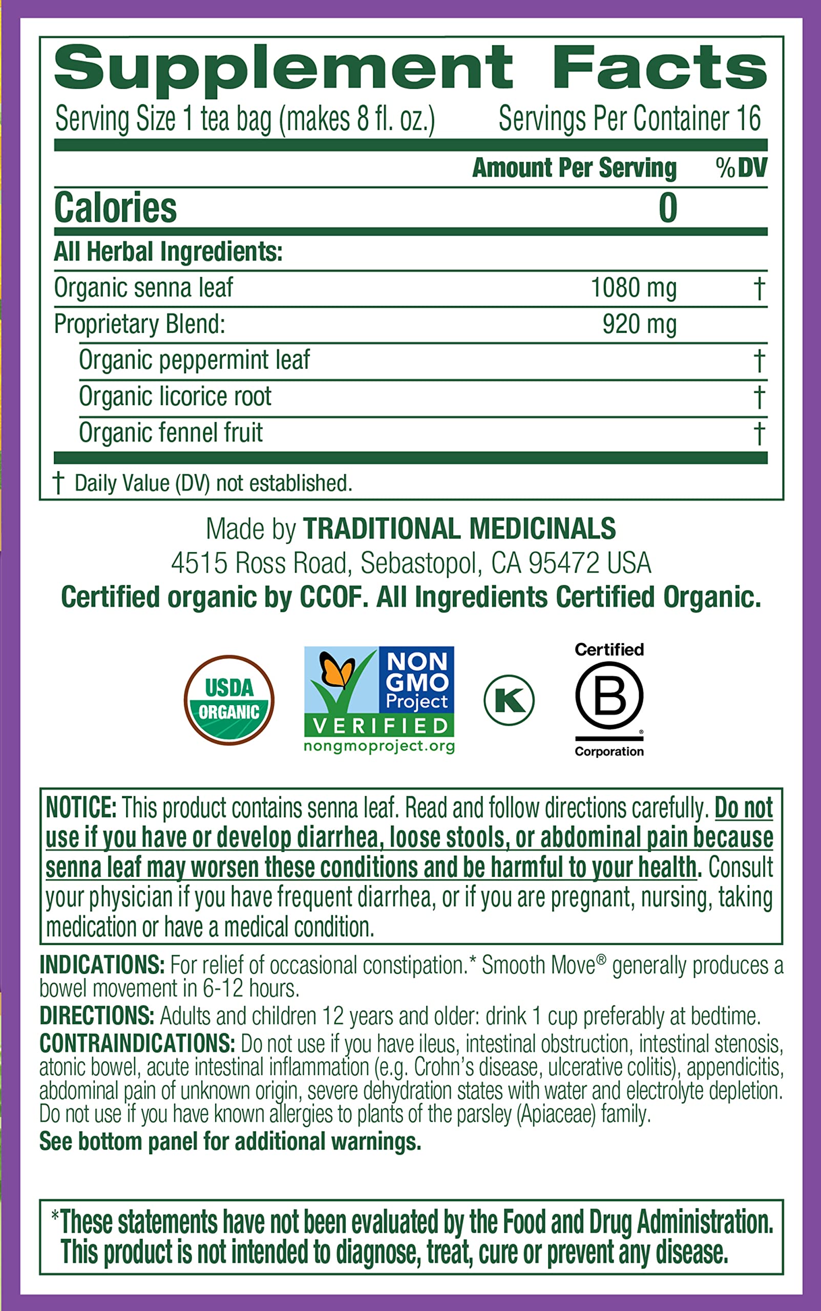 Traditional Medicinals Organic Smooth Move Peppermint Laxative Tea, 16 Tea Bags (Pack of 1)