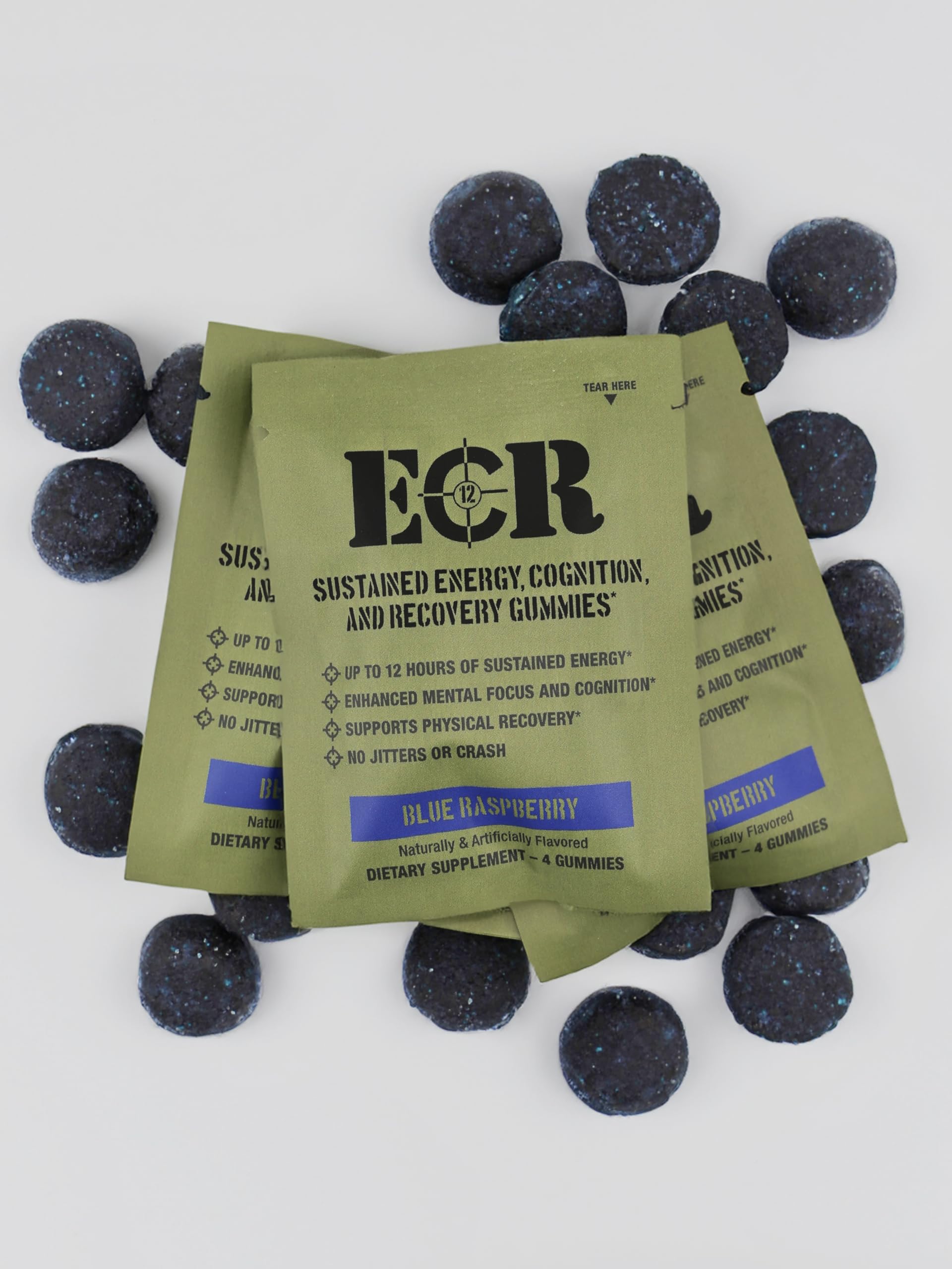 ECR12 - Energy, Focus, Recovery Gummies - Blue Raspberry + Watermelon Flavors - Caffeine