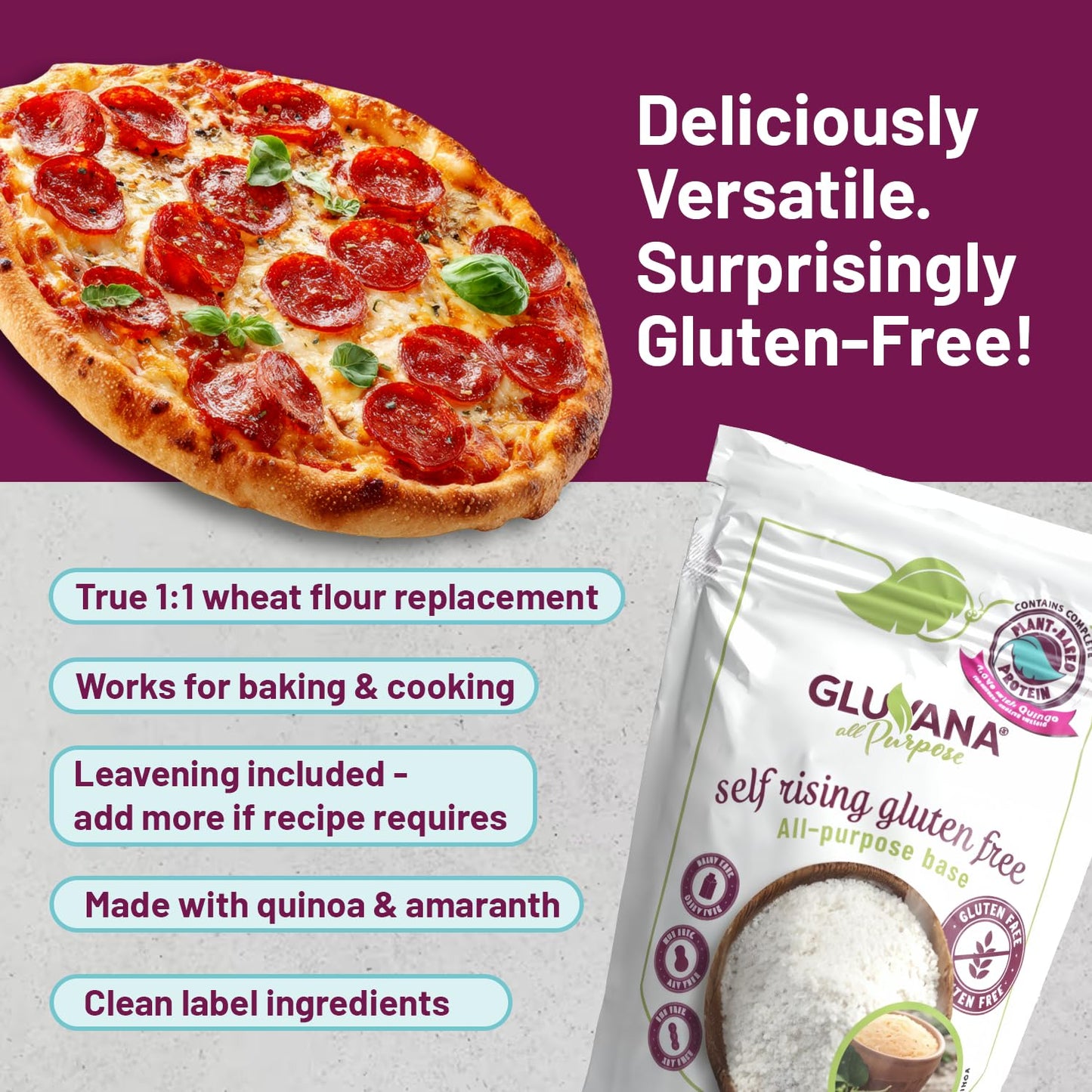 Gluvana Self-Rising Gluten-Free All-Purpose Flour, Amaranth & Quinoa Blend, Nut-Free, Soy-Free & Non-Dairy, GFCO Certified, Kosher, Self-Rising Wheat