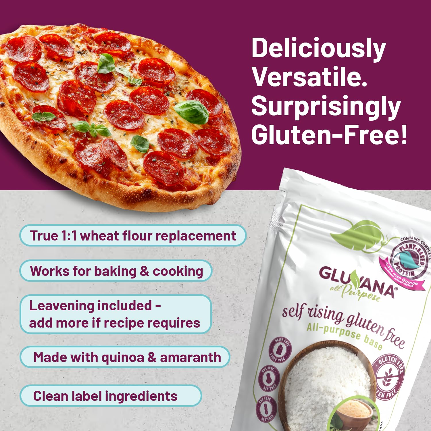 Gluvana Self-Rising Gluten-Free All-Purpose Flour, Amaranth & Quinoa Blend, Nut-Free, Soy-Free & Non-Dairy, GFCO Certified, Kosher, Self-Rising Wheat