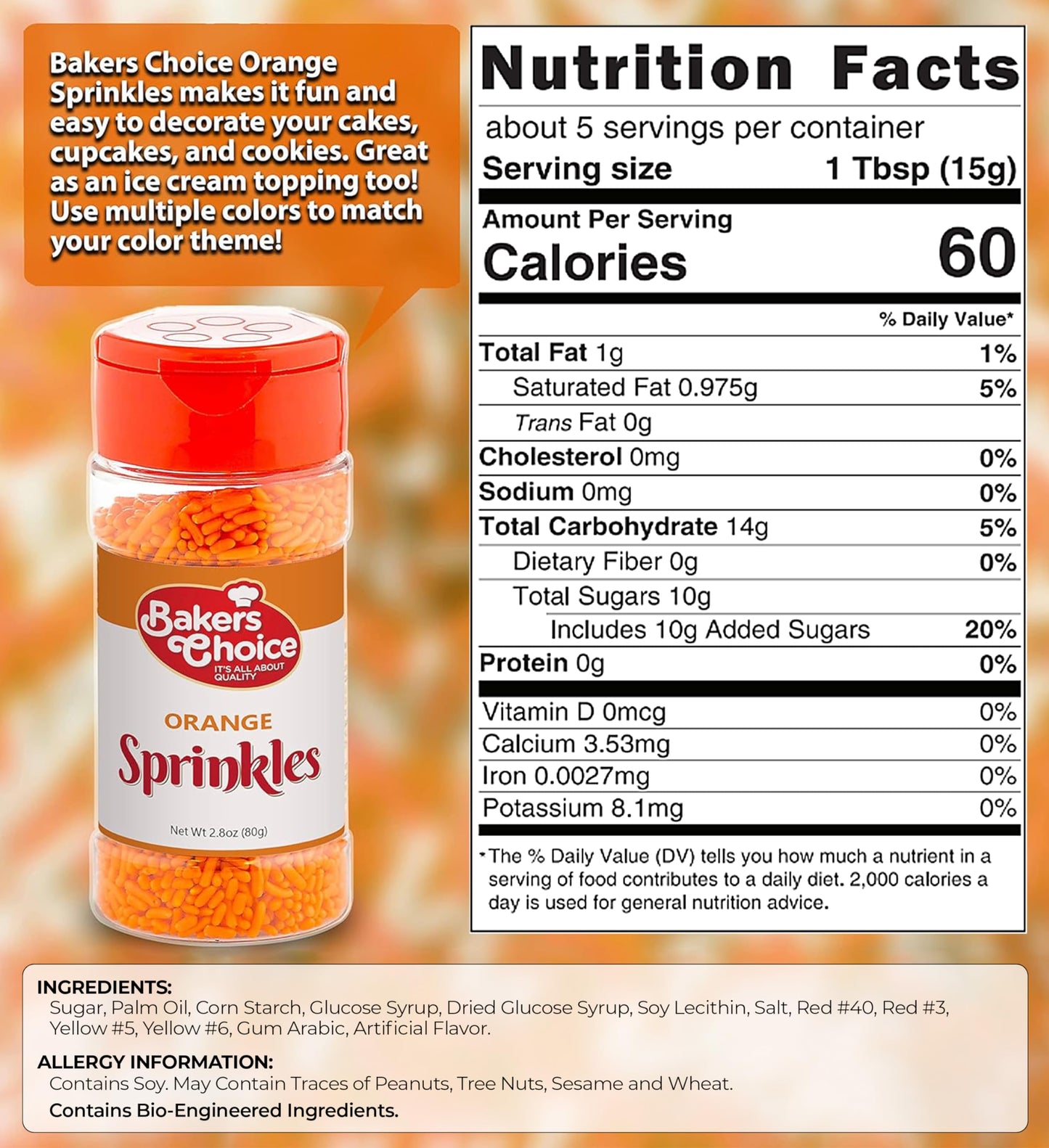 Bakers Choice Orange Sprinkles for Baking - Jimmies Sprinkles for Ice Cream Toppings - Dairy Free, Kosher 2.8 oz.