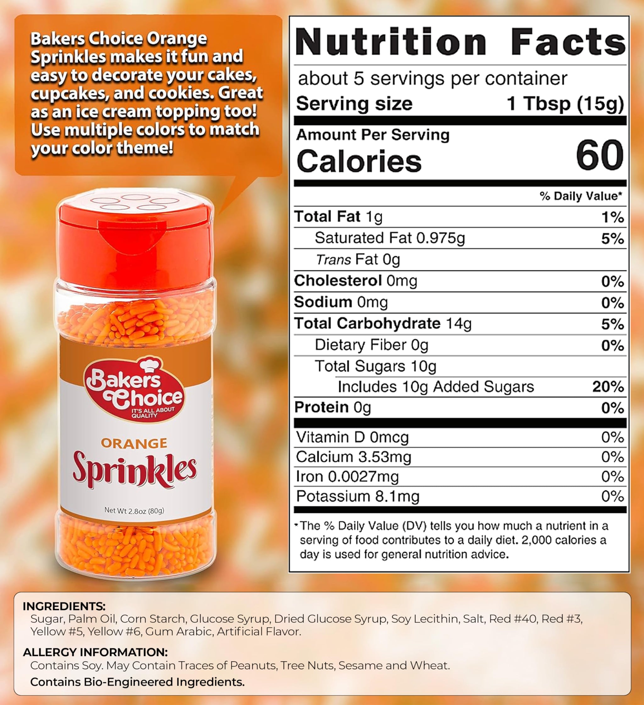 Bakers Choice Orange Sprinkles for Baking - Jimmies Sprinkles for Ice Cream Toppings - Dairy Free, Kosher 2.8 oz.