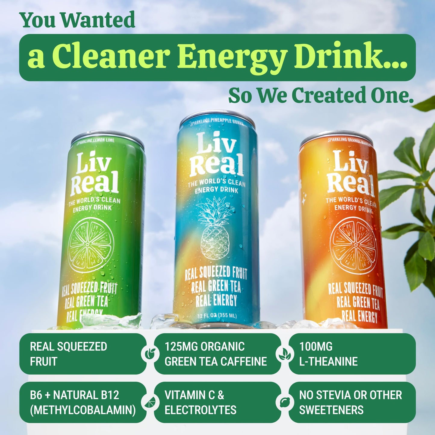 LivReal Clean Energy Drink - Organic Green Tea Caffeine 125mg + L-Theanine 100mg - Real Fruit, No Sweeteners or Flavorings - Vitamin C & B Complex