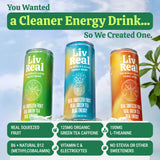 LivReal Clean Energy Drink - Organic Green Tea Caffeine 125mg + L-Theanine 100mg - Real Fruit, No Sweeteners or Flavorings - Vitamin C & B Complex