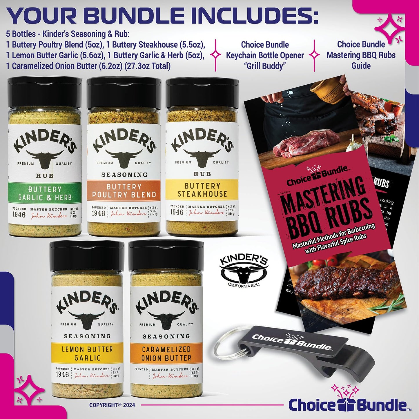 Kinders Buttery Garlic & Herb Buttery Poultry Buttery Steakhouse Lemon Butter Garlic Caramelized Onion Butter 5 pk Seasoning Rub Spice Set (27.3 oz) +