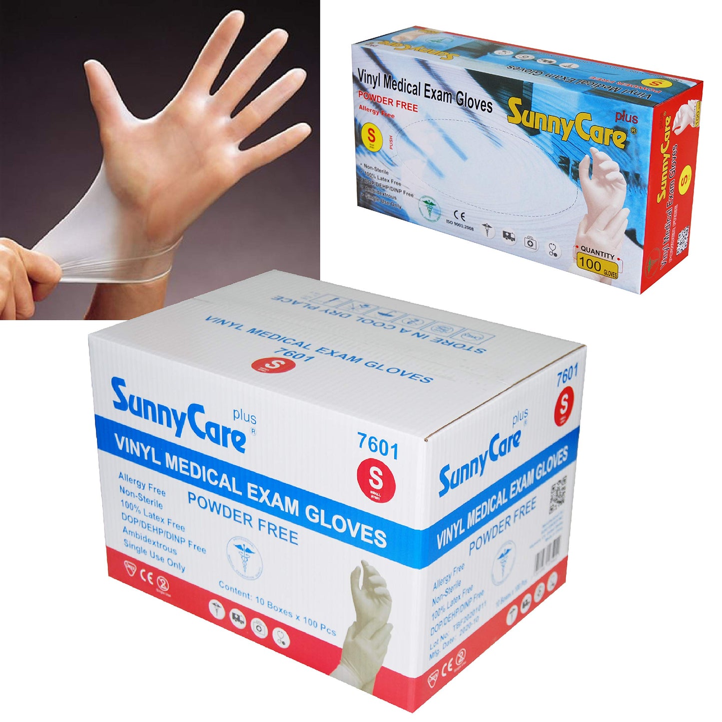 SunnyCare #7601 Vinyl Medical Exam Gloves Powder Free Size: Small 1000pcs/case ;100pcs/box;10boxes/case