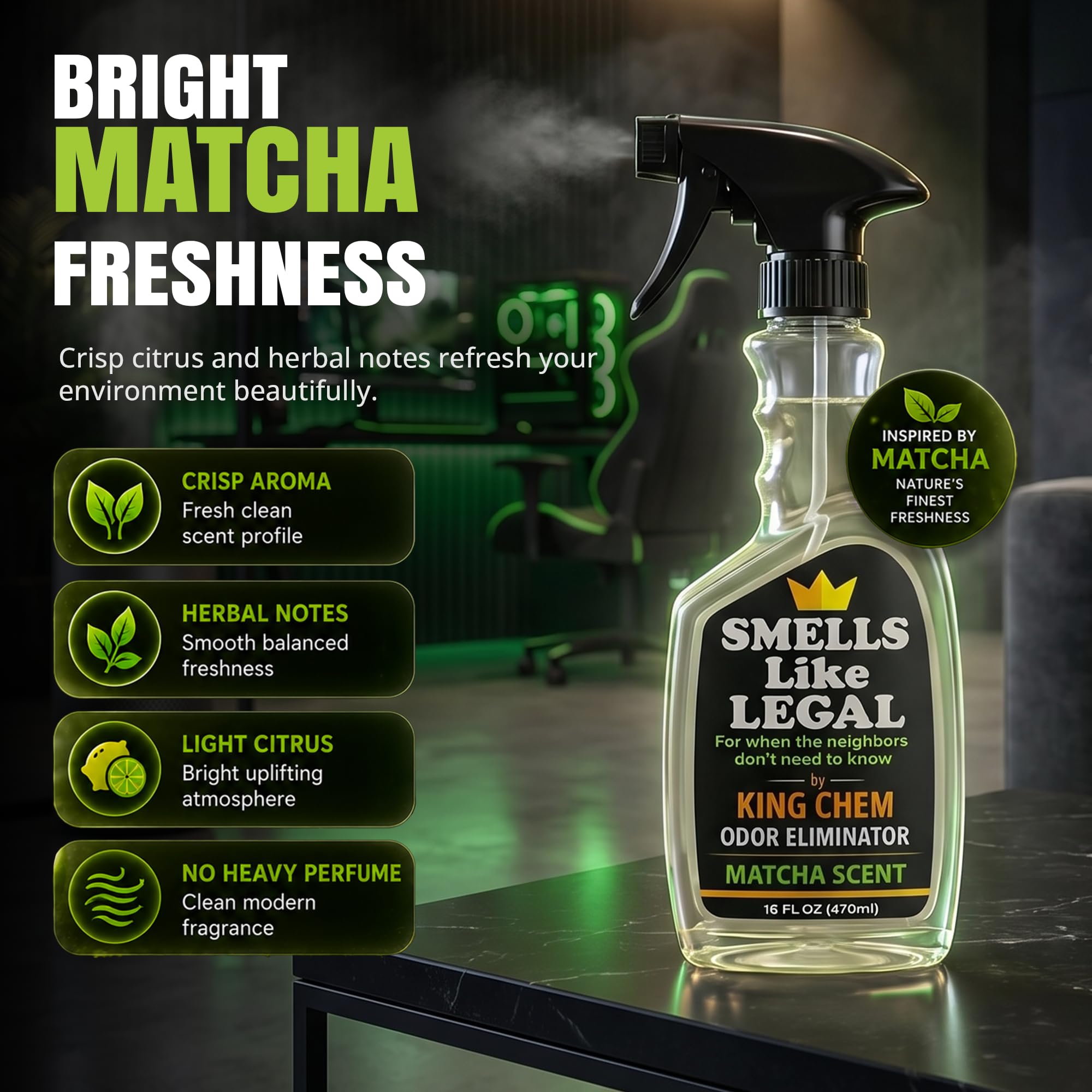Smells Like Legal™ Matcha Odor Eliminator Spray - Powerful Commercial-Grade - Eliminates Smoke, Pet & Food Odors at source - Fabric-Safe, Non-Staining