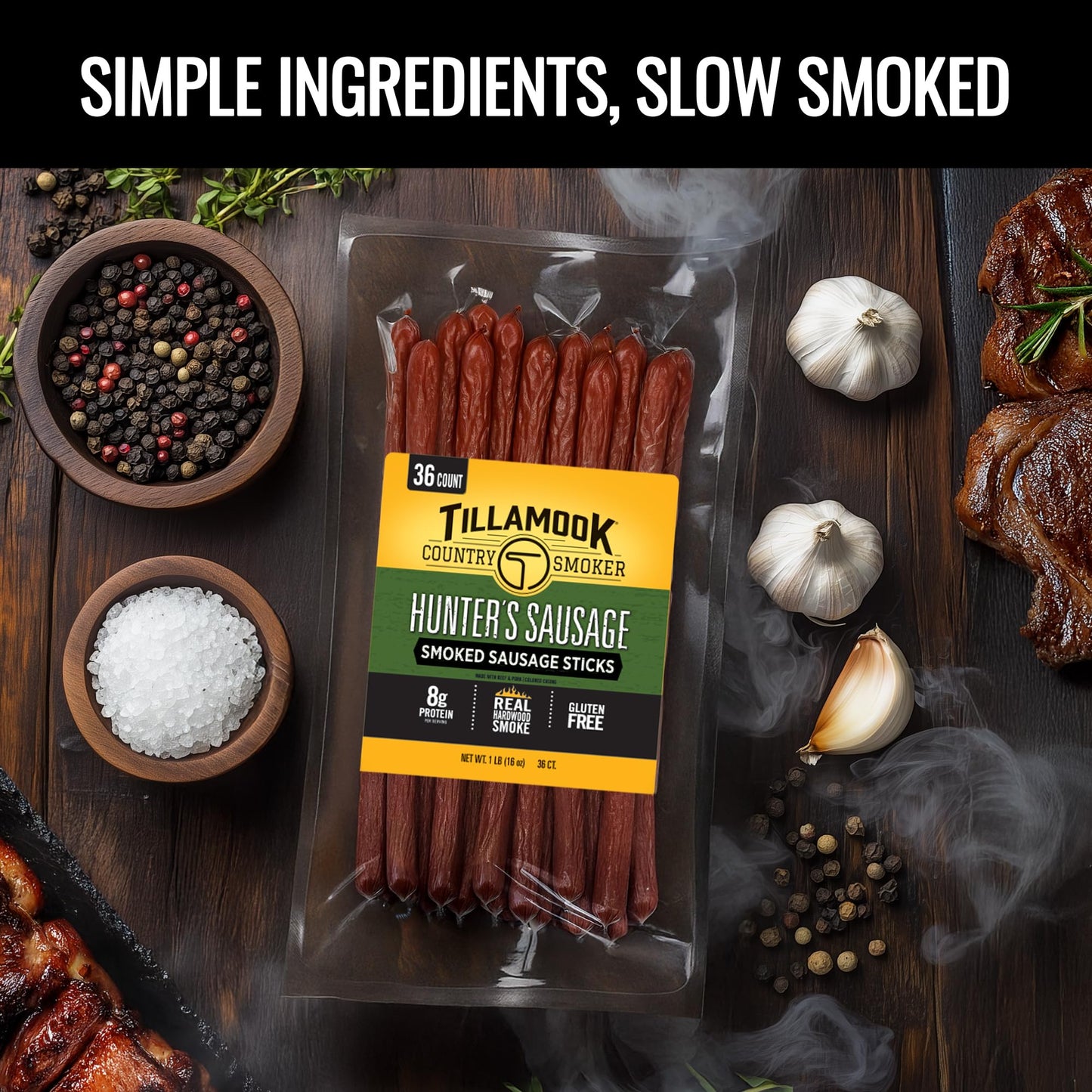 Tillamook Country Smoker Smoked Sausage, Hunter's Sausage, 16 Ounce (36 Count Meat Sticks Bulk Pack) Real Hardwood Smoked, Low Carb, High Protein