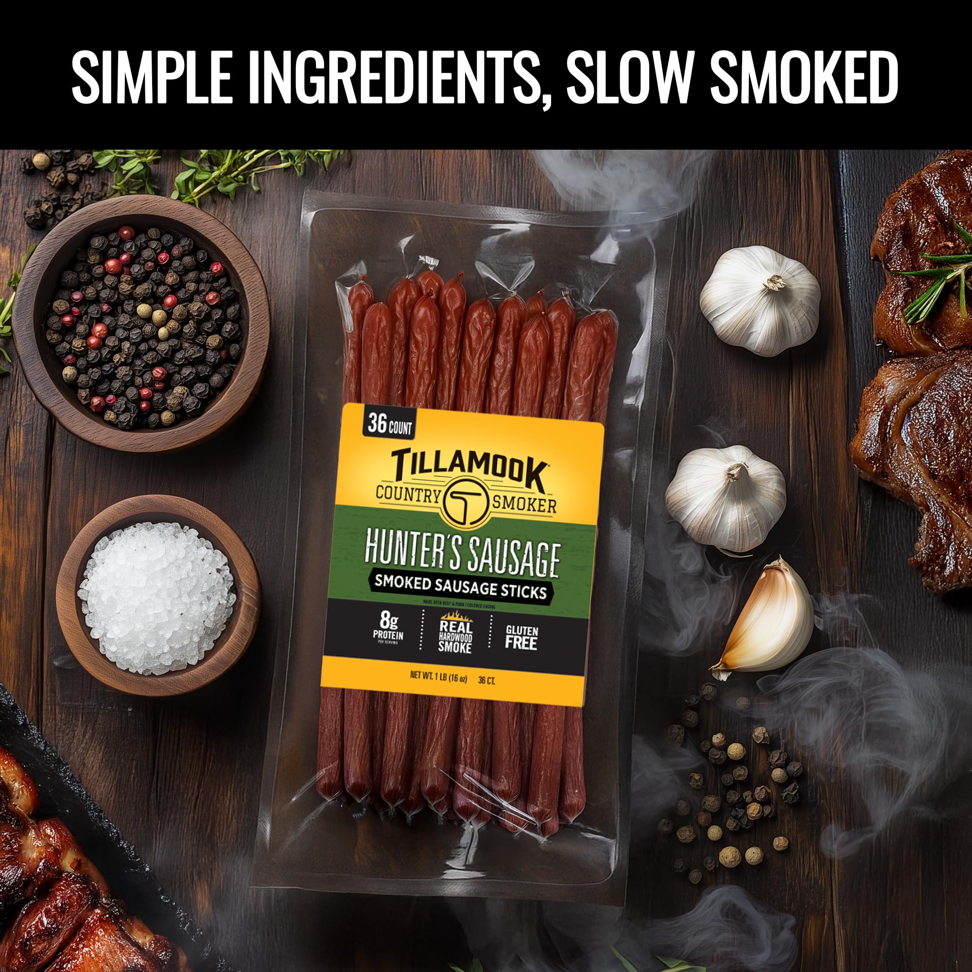 Tillamook Country Smoker Smoked Sausage, Hunter's Sausage, 16 Ounce (36 Count Meat Sticks Bulk Pack) Real Hardwood Smoked, Low Carb, High Protein
