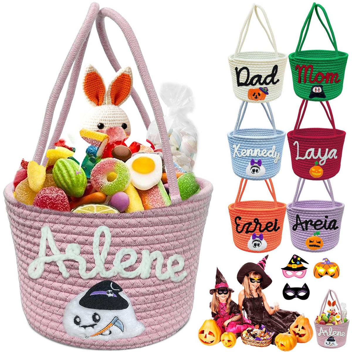 Personalized Halloween Basket, Trick or Treat Bags with Name for Kids Boys Girls Custom Woven Candy Bucket Pumpkin Gifts