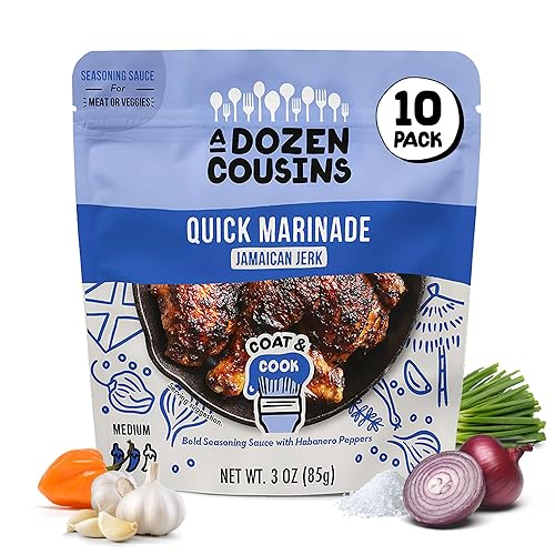 A Dozen Cousins Jamaican Jerk Seasoning Sauce (10-Pack) Quick Chicken Marinade Pouch, Caribbean Jerk Marinade with Hot Peppers, Onion, and Garlic